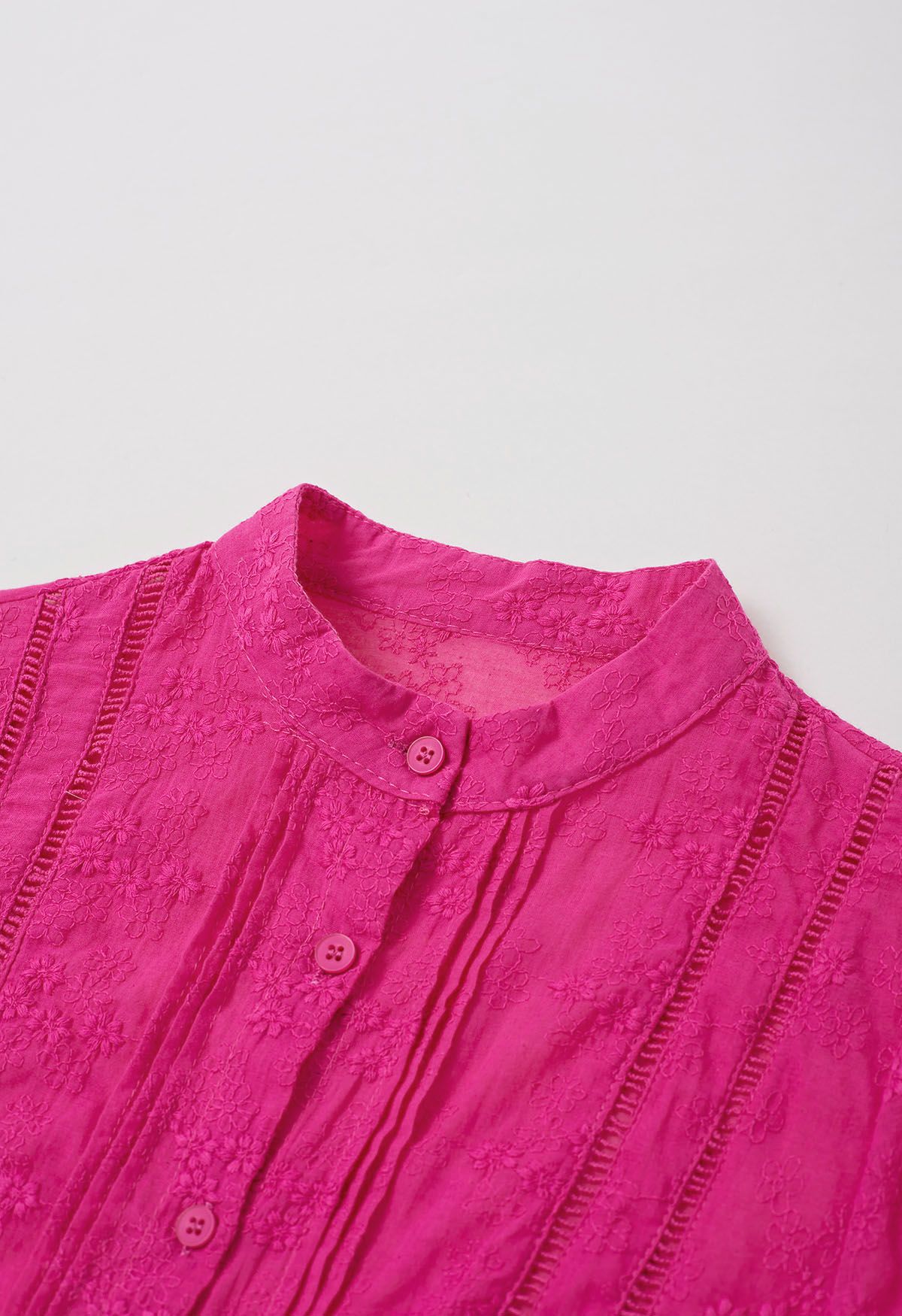 Floret Embroidered Pintuck Button Down Shirt in Hot Pink