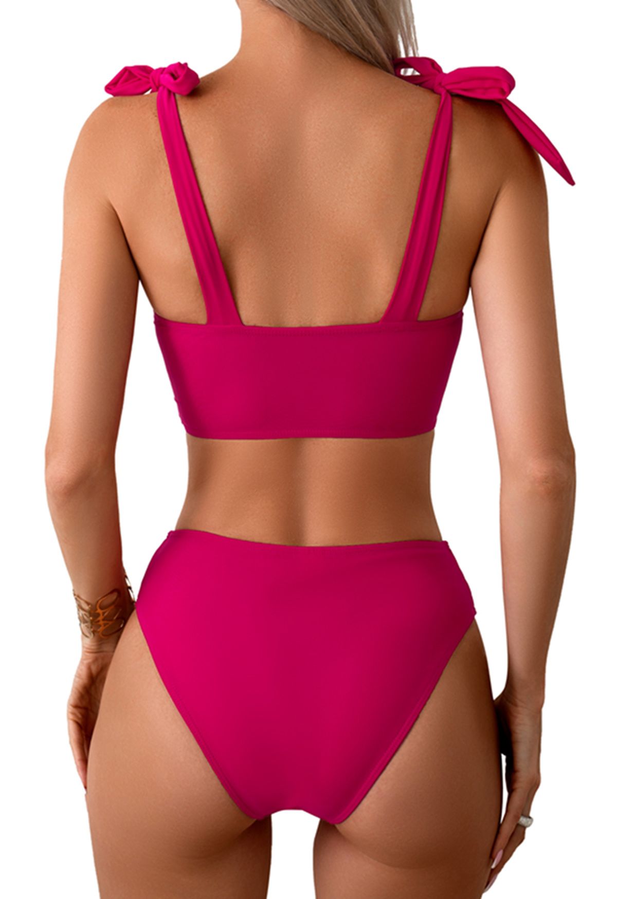 Tie-Shoulder Twist Cutout Bikini Set in Hot Pink