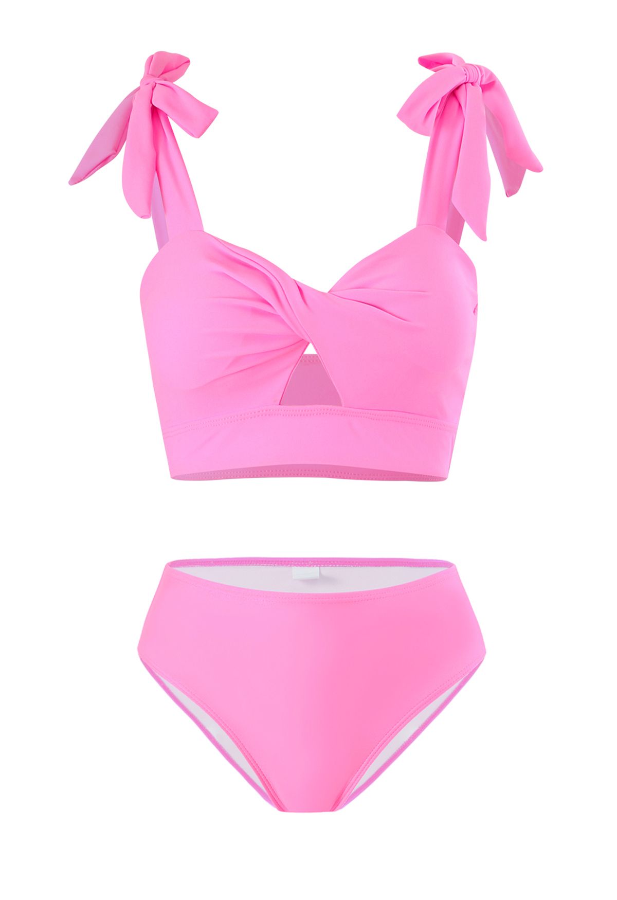 Tie-Shoulder Twist Cutout Bikini Set in Pink