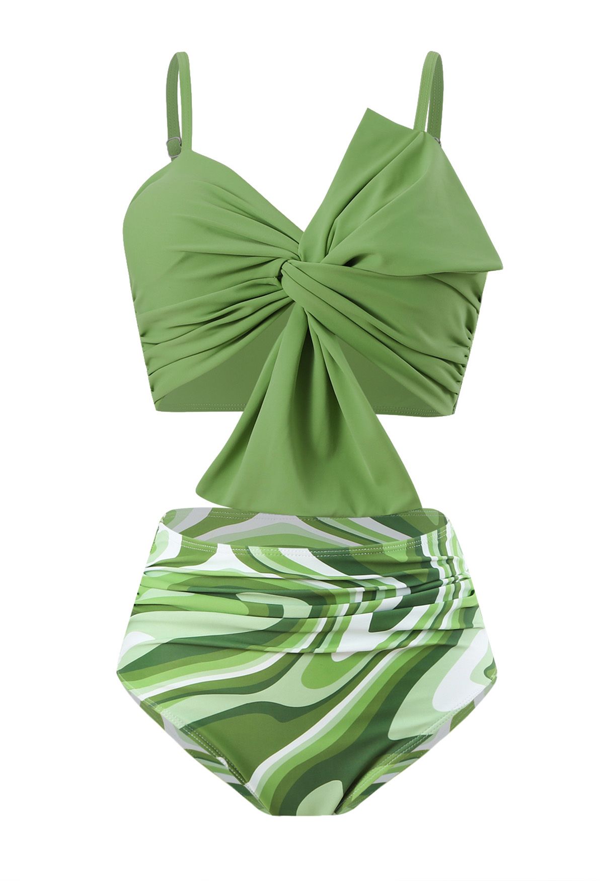 Front Knot Ruched Bikini Set in Green Print