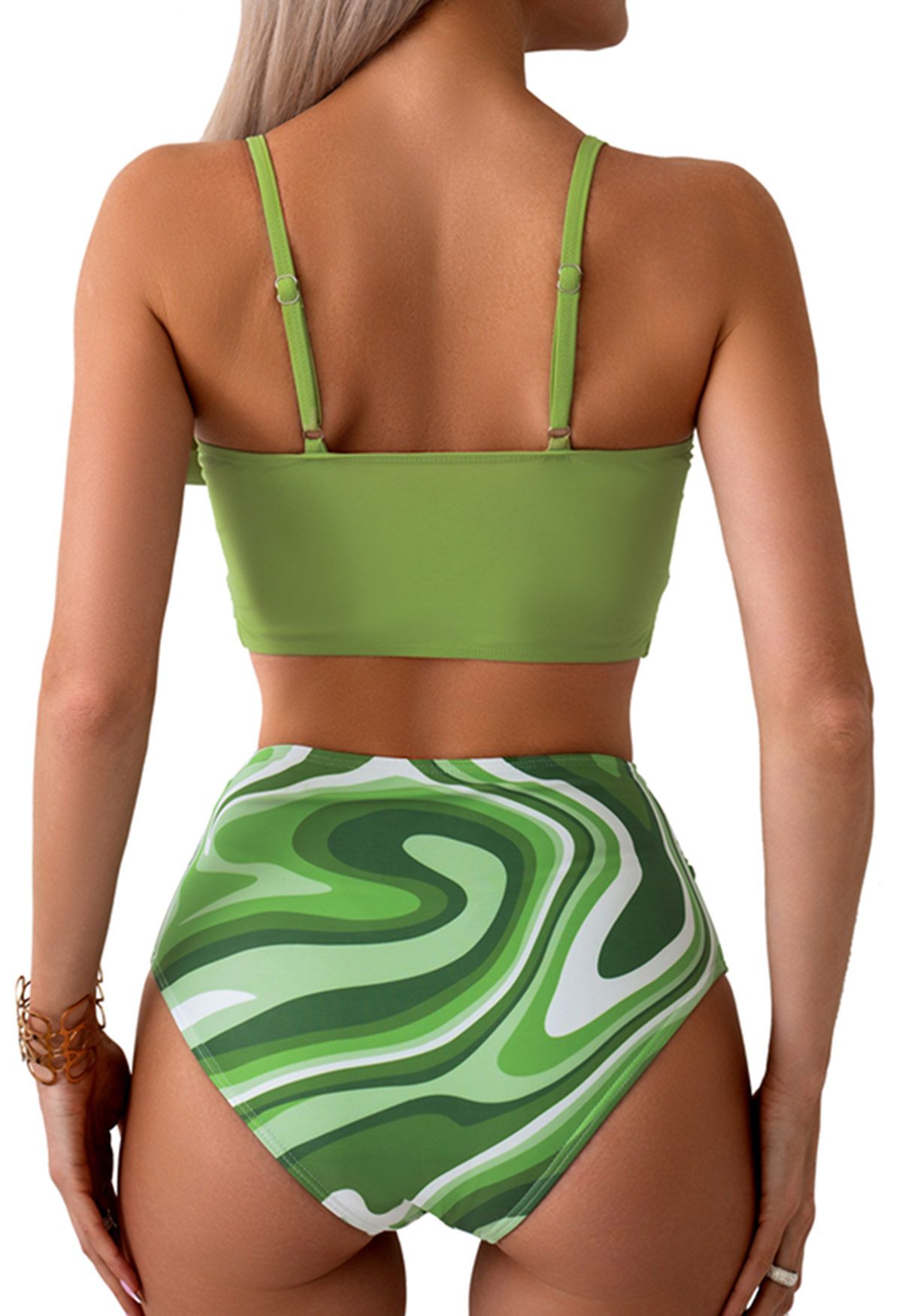 Front Knot Ruched Bikini Set in Green Print