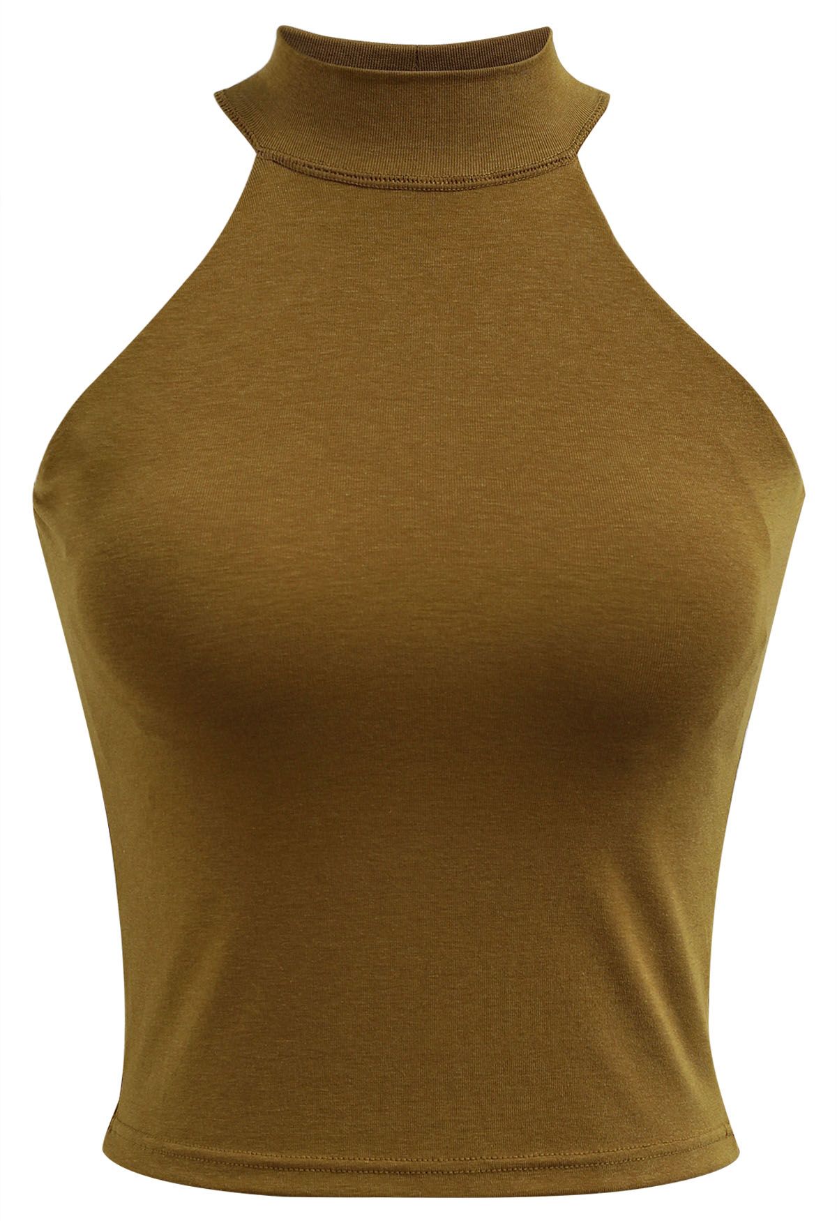 Solid Halter Neck Crop Top in Camel