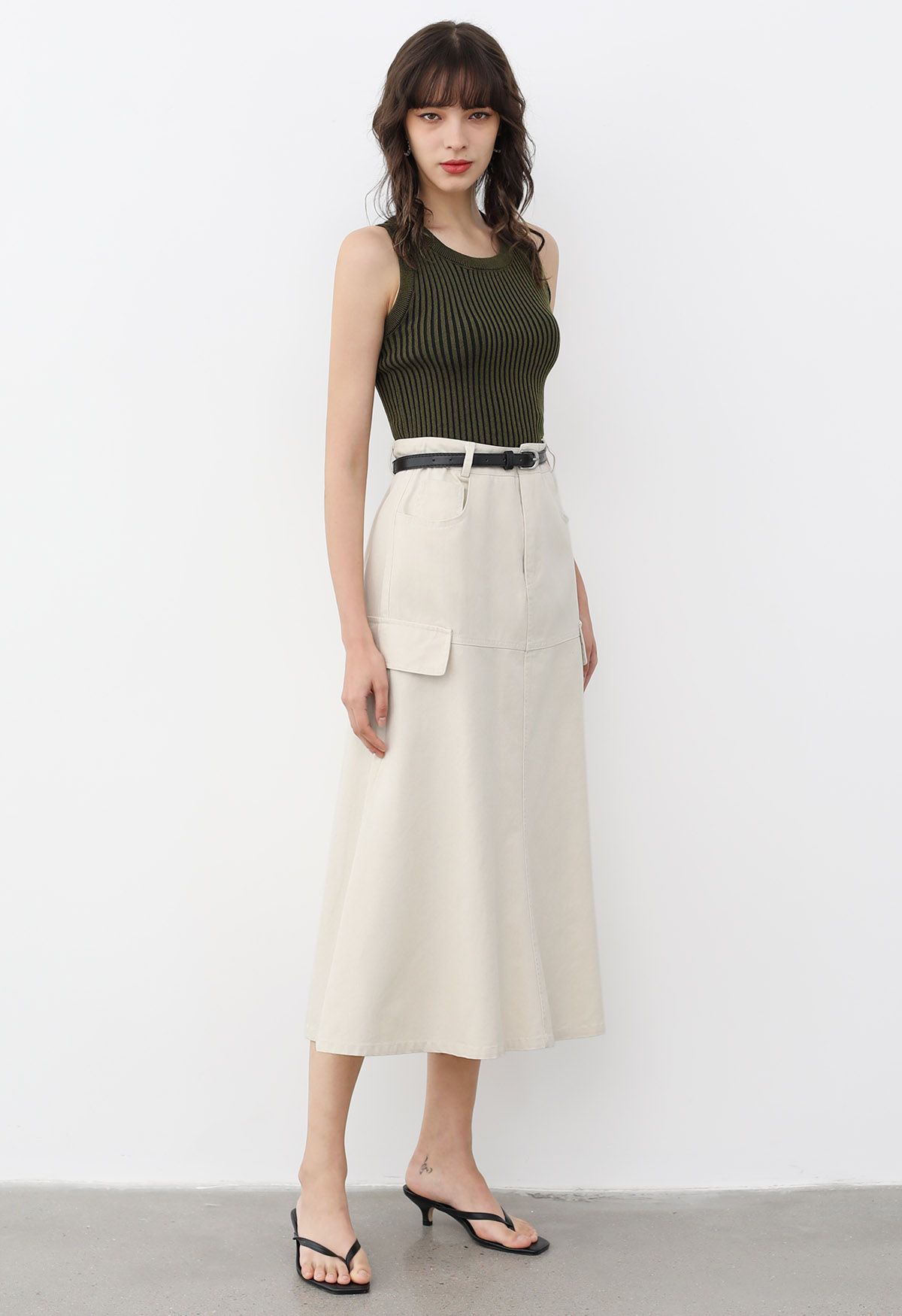 Pocket Trim Belted Denim Flare Skirt in Ivory