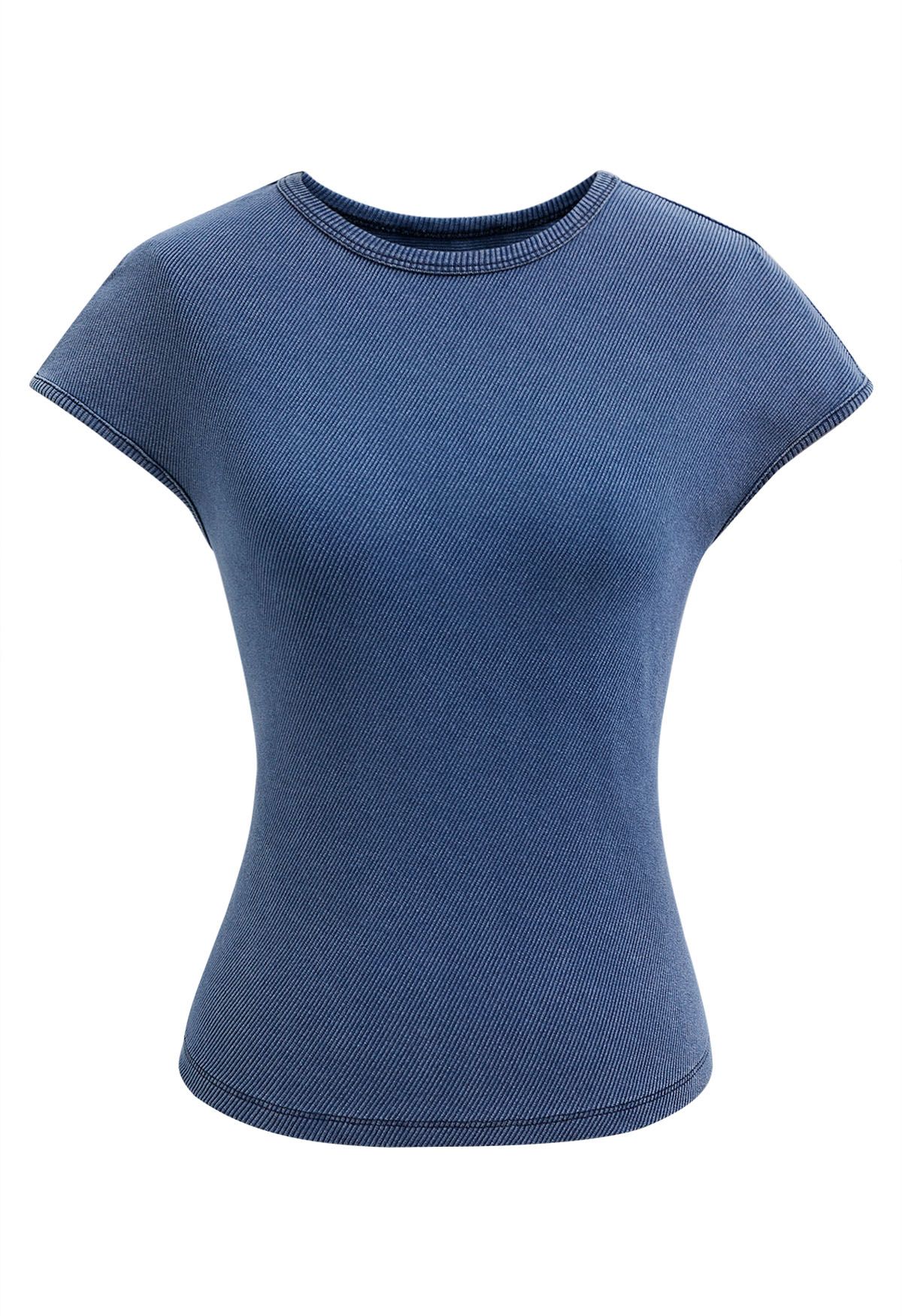 Solid Cap Sleeves Ribbed Top in Blue