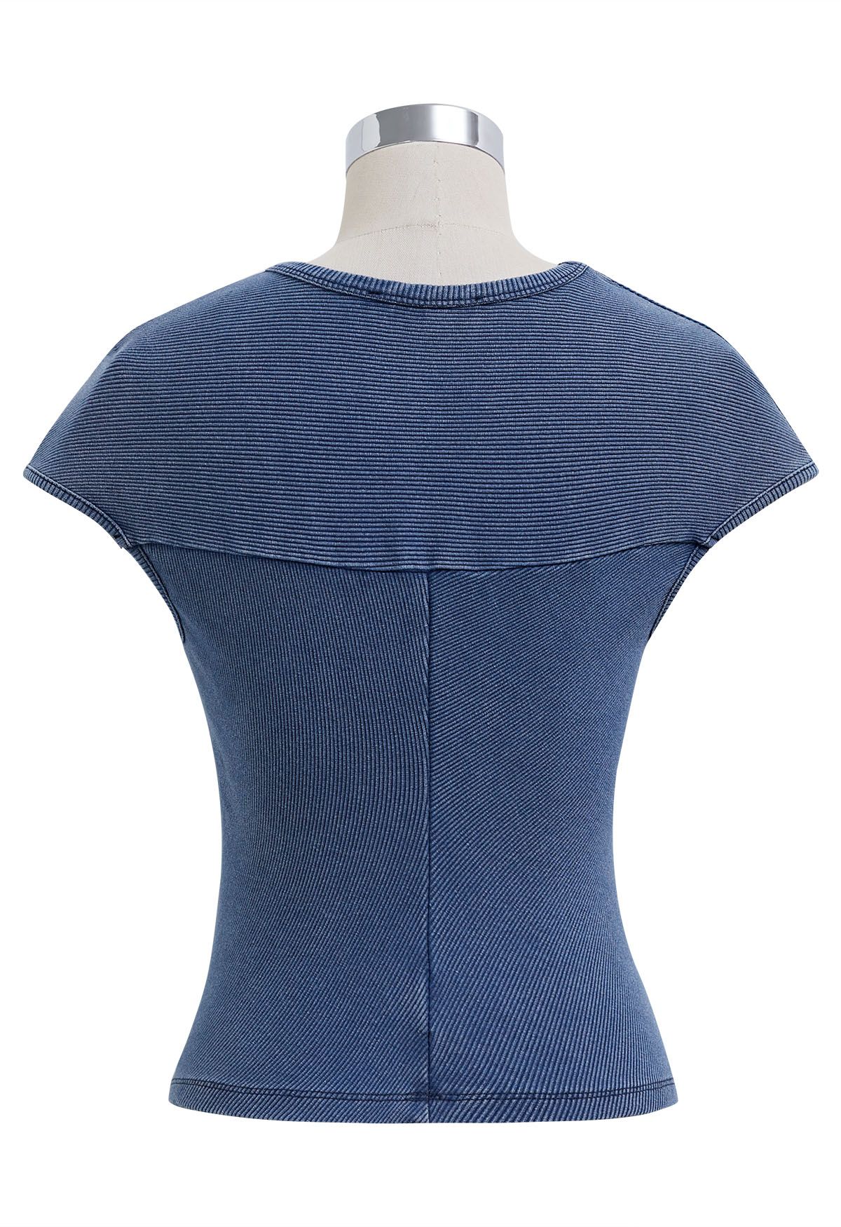 Solid Cap Sleeves Ribbed Top in Blue