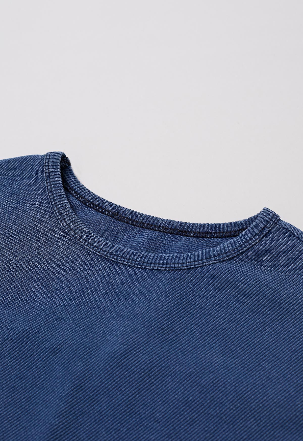 Solid Cap Sleeves Ribbed Top in Blue