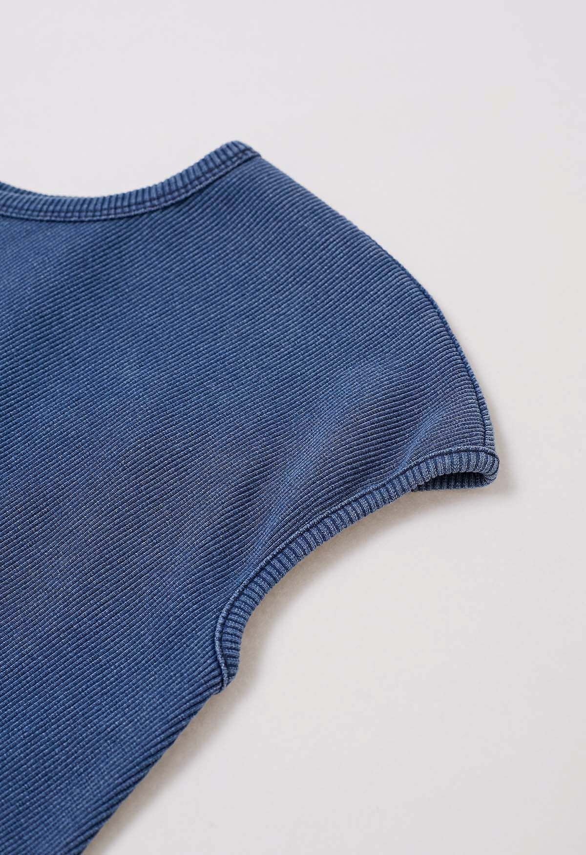 Solid Cap Sleeves Ribbed Top in Blue