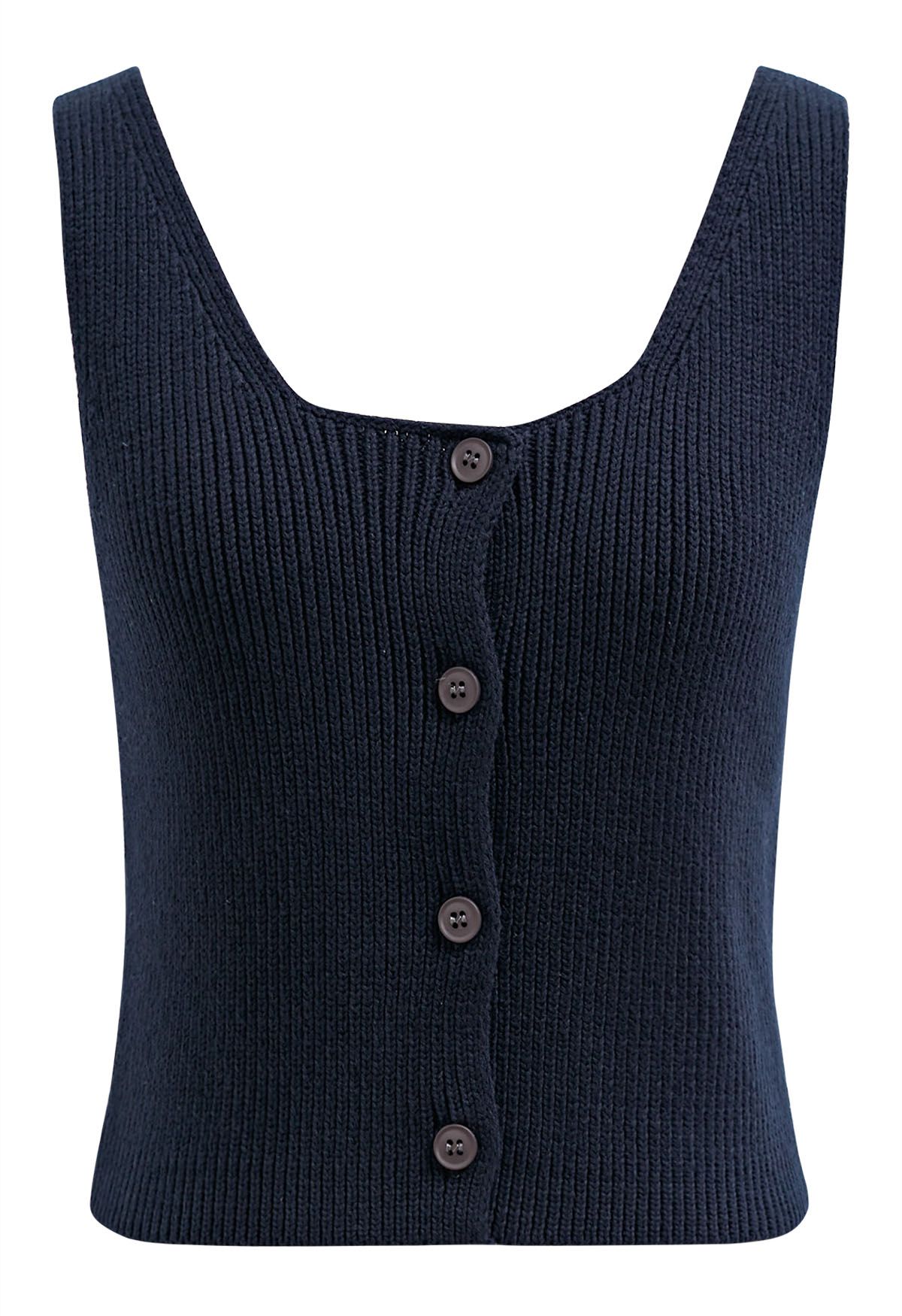 Button Down Sleeveless Knit Crop Top in Navy