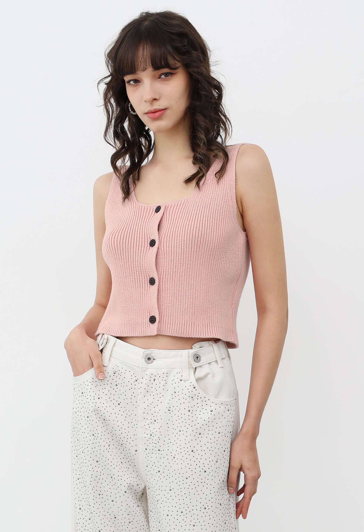 Button Down Sleeveless Knit Crop Top in Pink