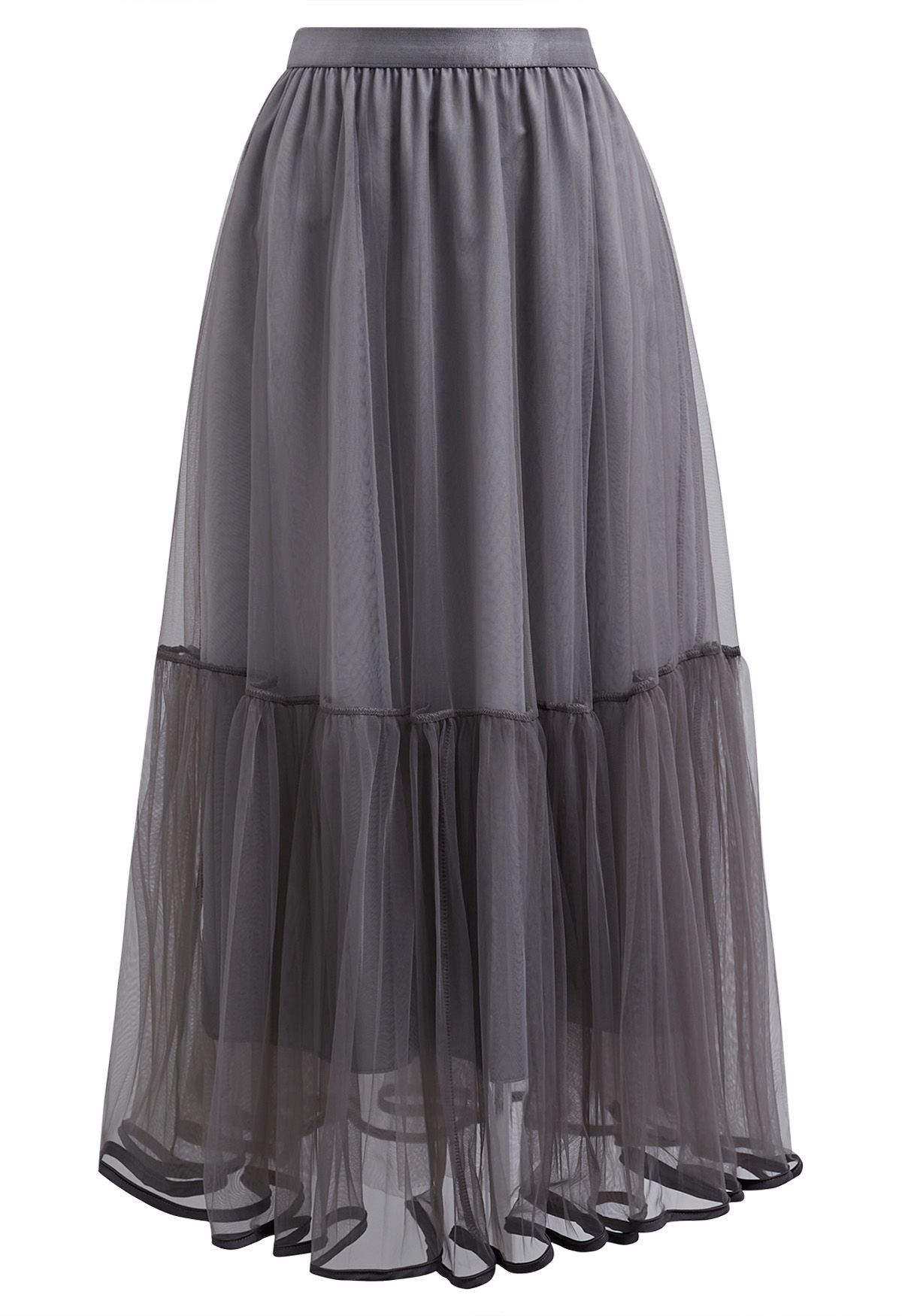 Piping Hem Mesh Tulle Midi Skirt in Grey