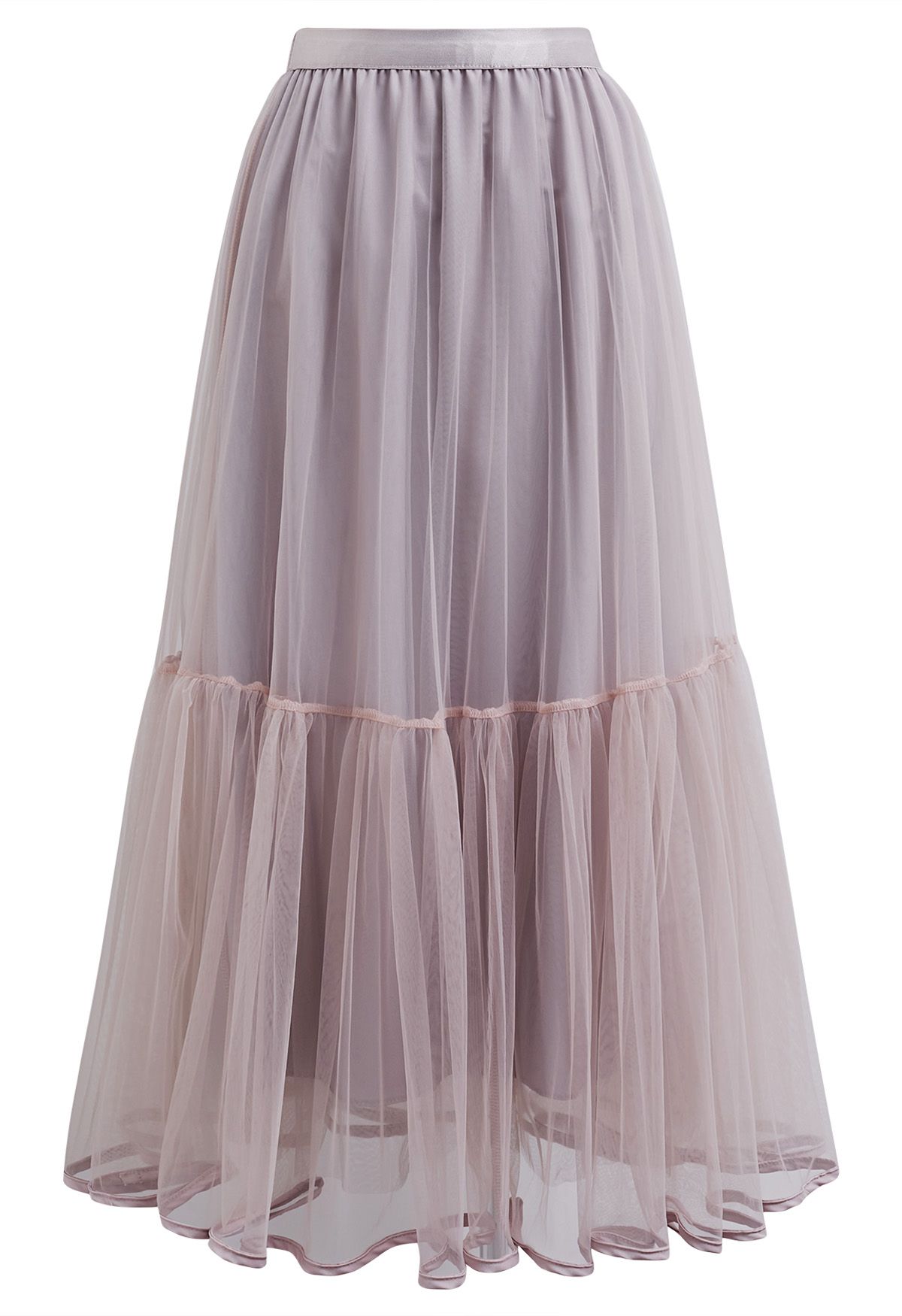 Piping Hem Mesh Tulle Midi Skirt in Pink