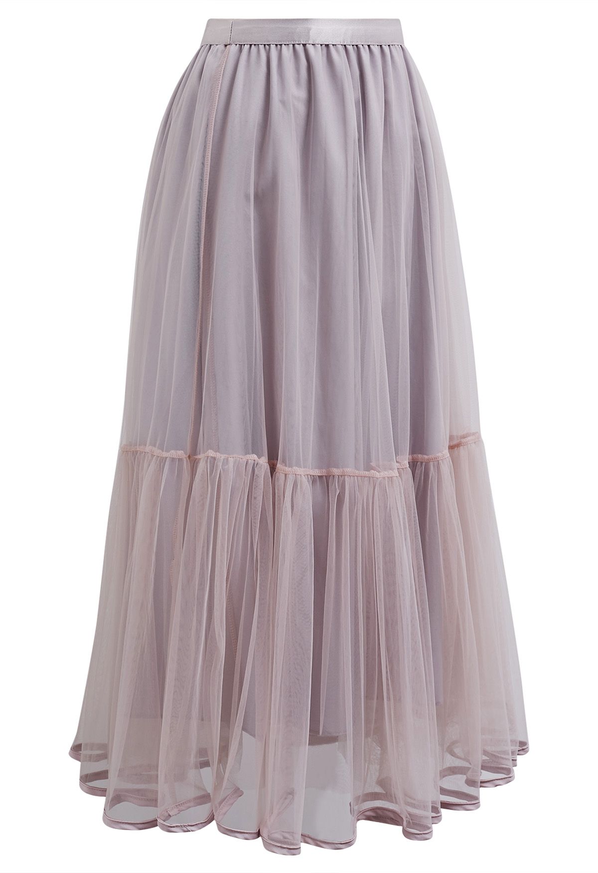 Piping Hem Mesh Tulle Midi Skirt in Pink