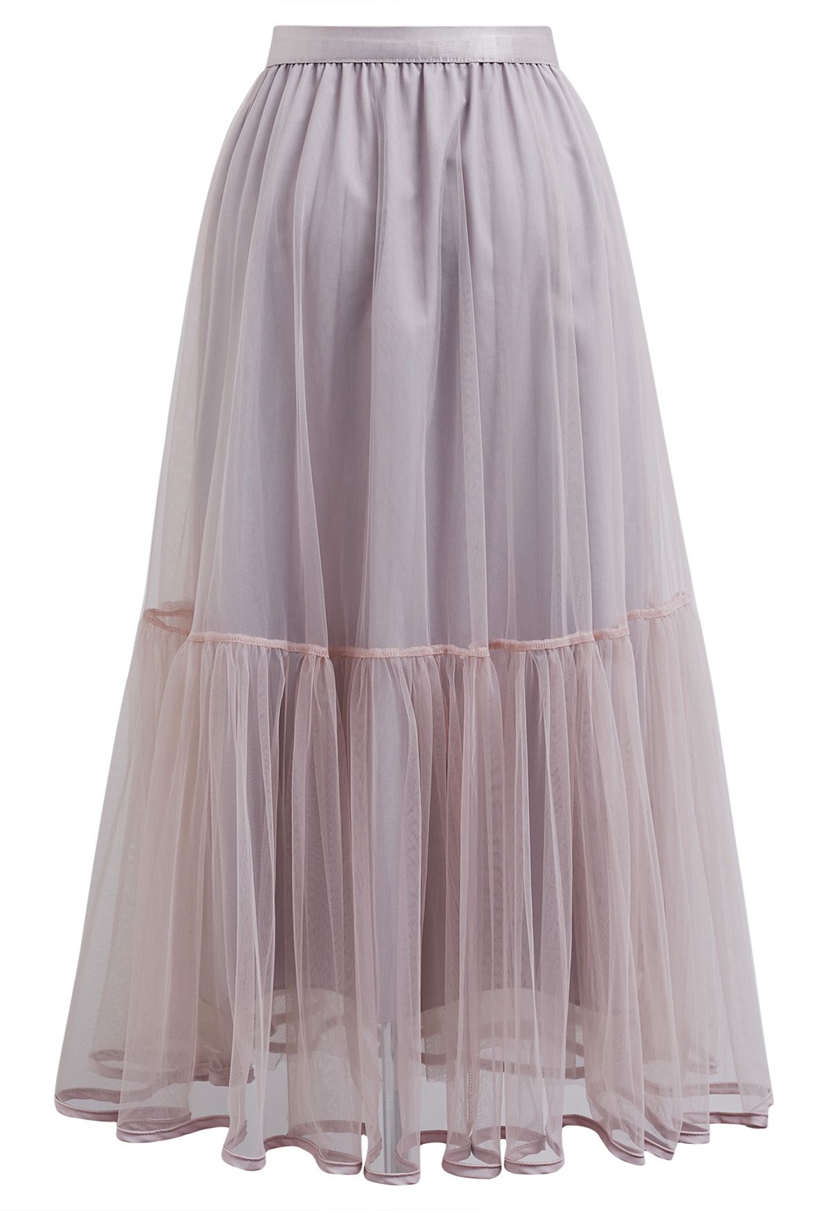 Piping Hem Mesh Tulle Midi Skirt in Pink