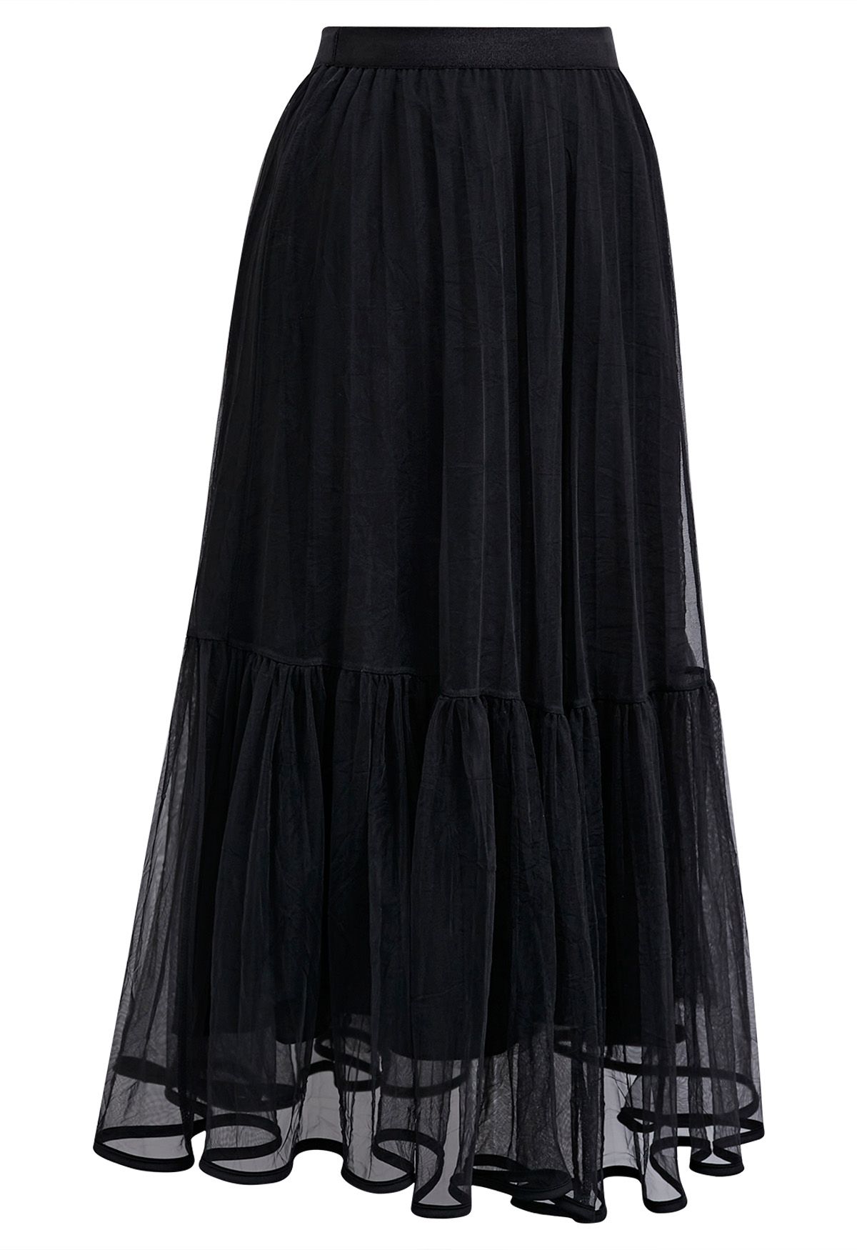 Piping Hem Mesh Tulle Midi Skirt in Black