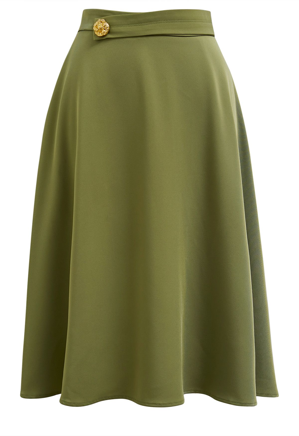 Golden Button Embellished Midi Skirt in Moss Green