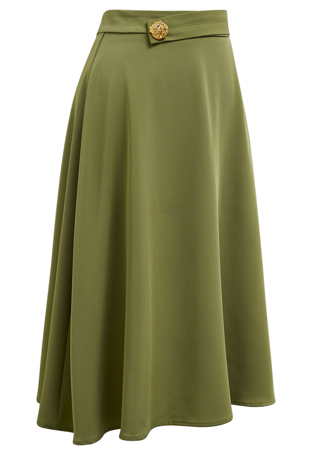 Golden Button Embellished Midi Skirt in Moss Green