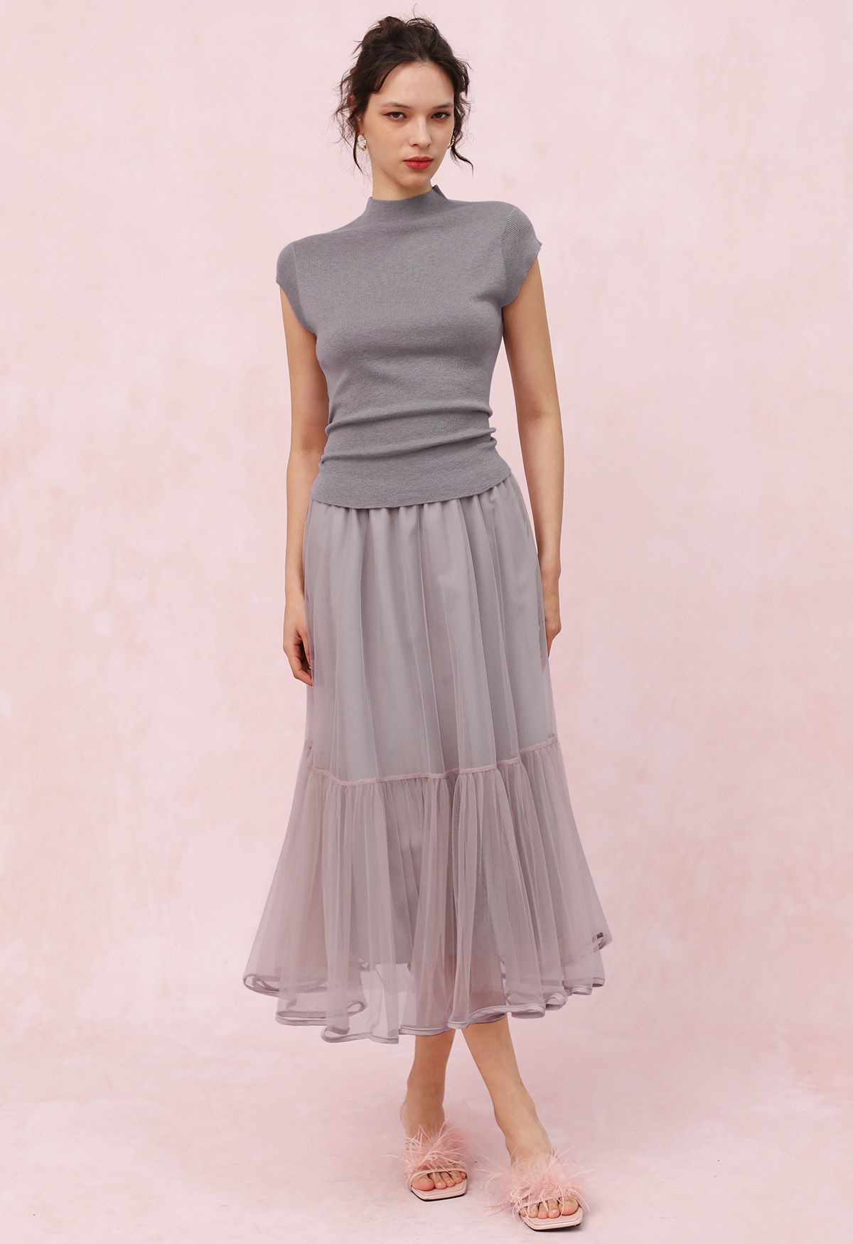 Piping Hem Mesh Tulle Midi Skirt in Pink