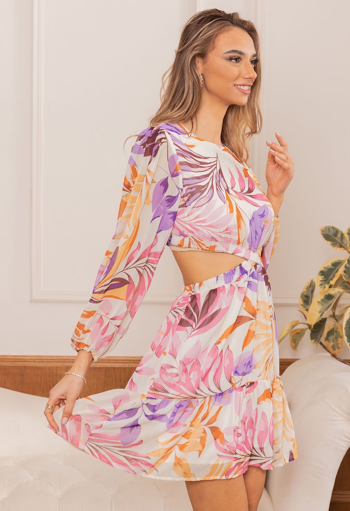 Tropical Vibe Cutout Waist Chiffon Mini Dress