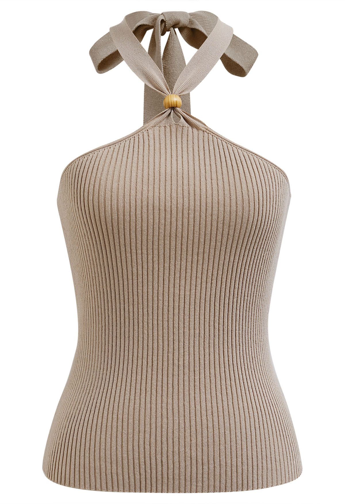 Wooden Bead Decor Halter Knit Top in Tan