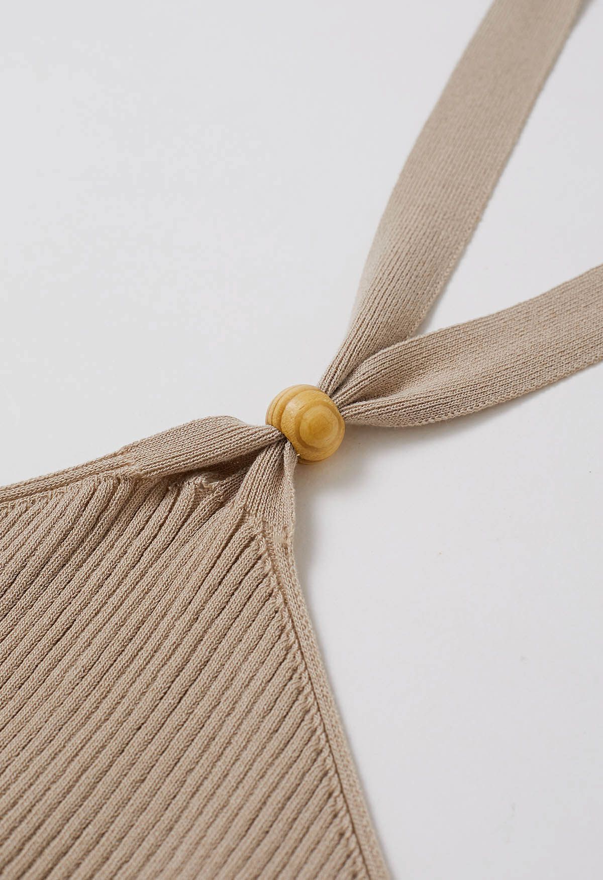 Wooden Bead Decor Halter Knit Top in Tan