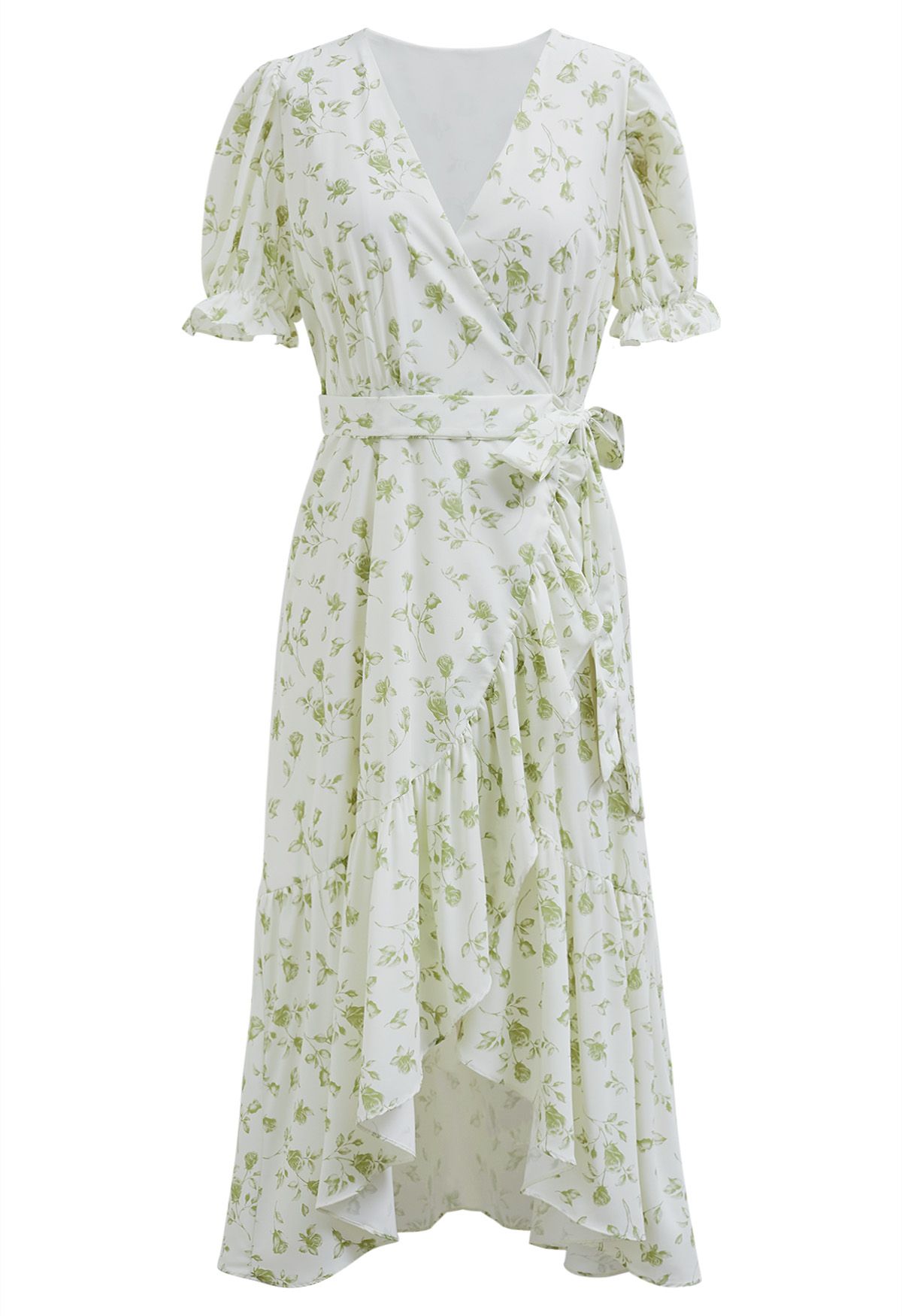 Watercolor Rose Print Wrap Midi Dress in Pistachio