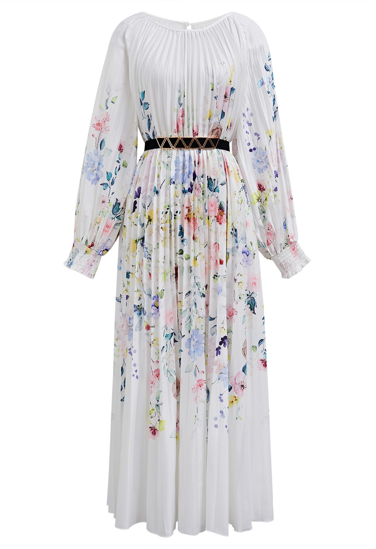 Blossoming Day Watercolor Pleated Maxi Dress in White