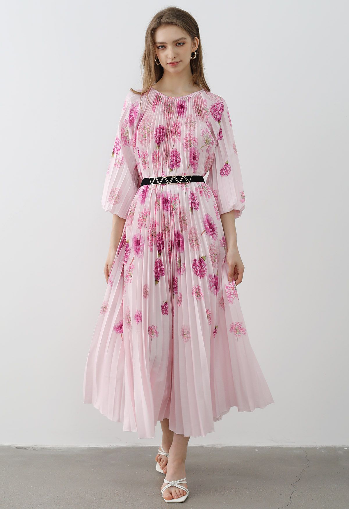 Blossoming Day Watercolor Pleated Maxi Dress in Pink