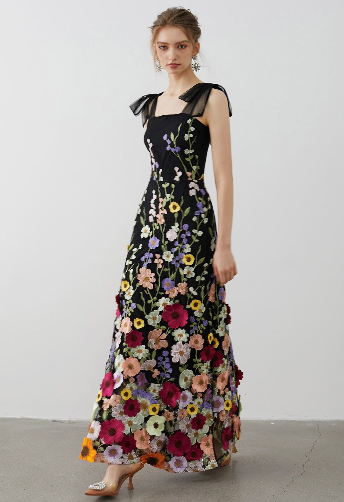 3D Floral Applique Tie-Strap Mesh Tulle Maxi Dress in Black