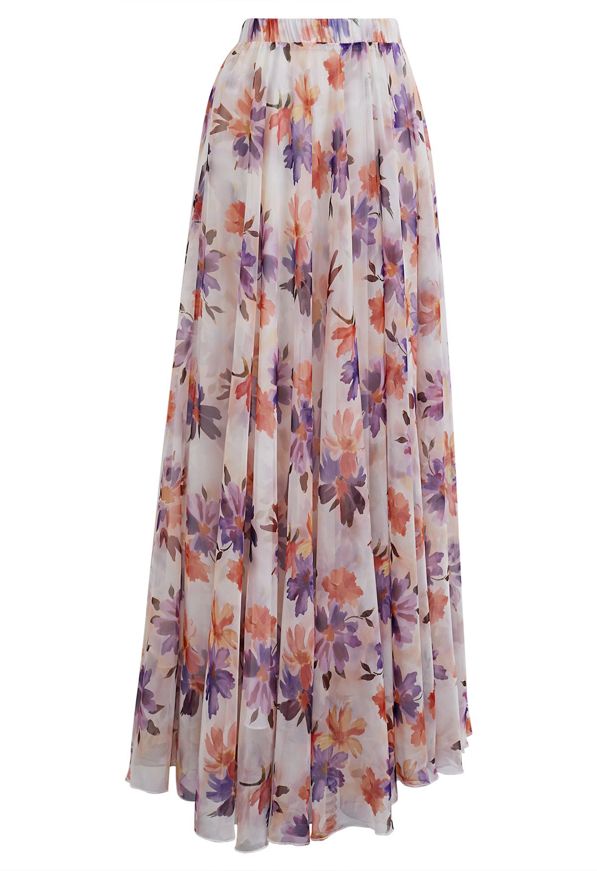 Sunlight Orange Floral Printed Chiffon Maxi Skirt