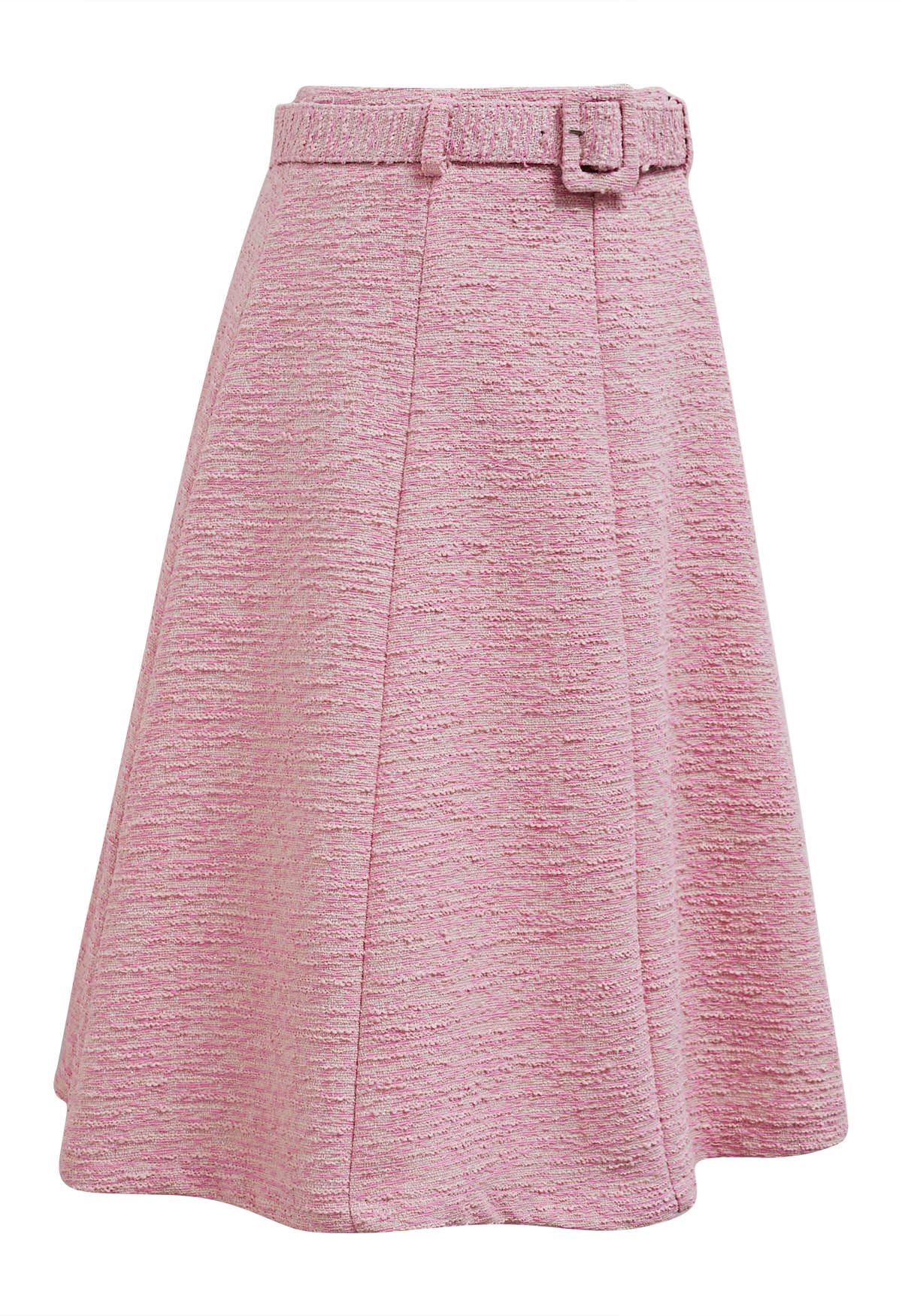 Shimmer Tweed Belted A-Line Midi Skirt in Pink