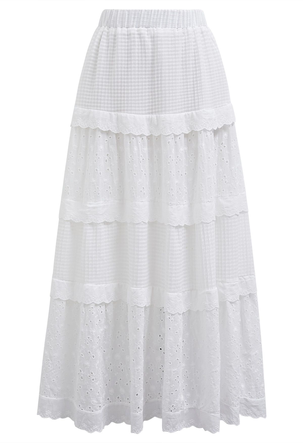 Eyelet Embroidery Ruffle Edge Cotton-Blend Skirt