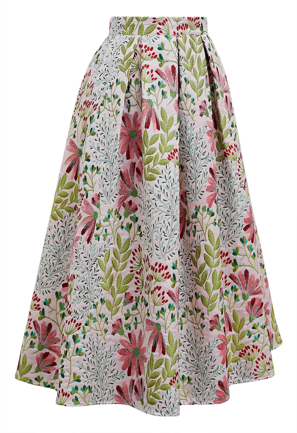 Cheerful Daisy Field Jacquard Pleated Midi Skirt