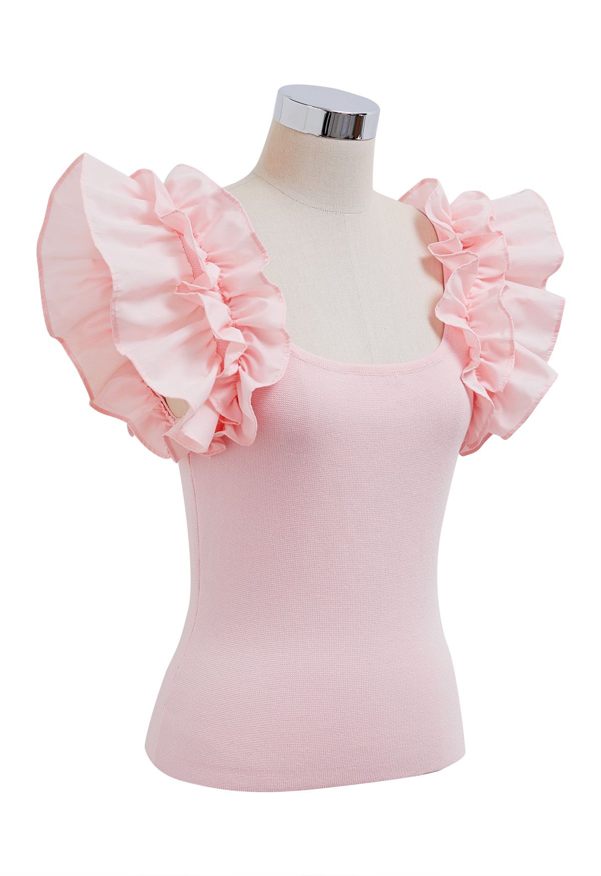 Romantic Ruffle Shoulder Knit Top in Pink