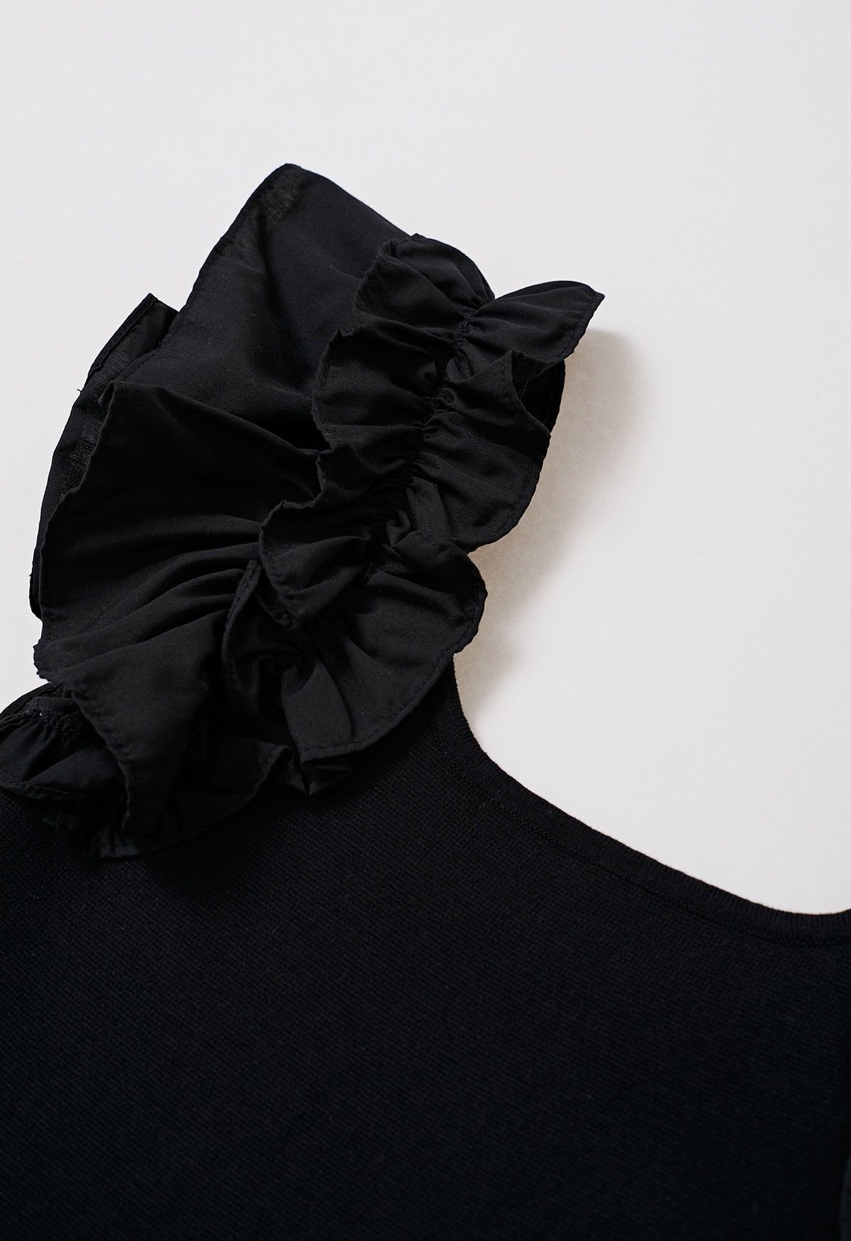 Romantic Ruffle Shoulder Knit Top in Black