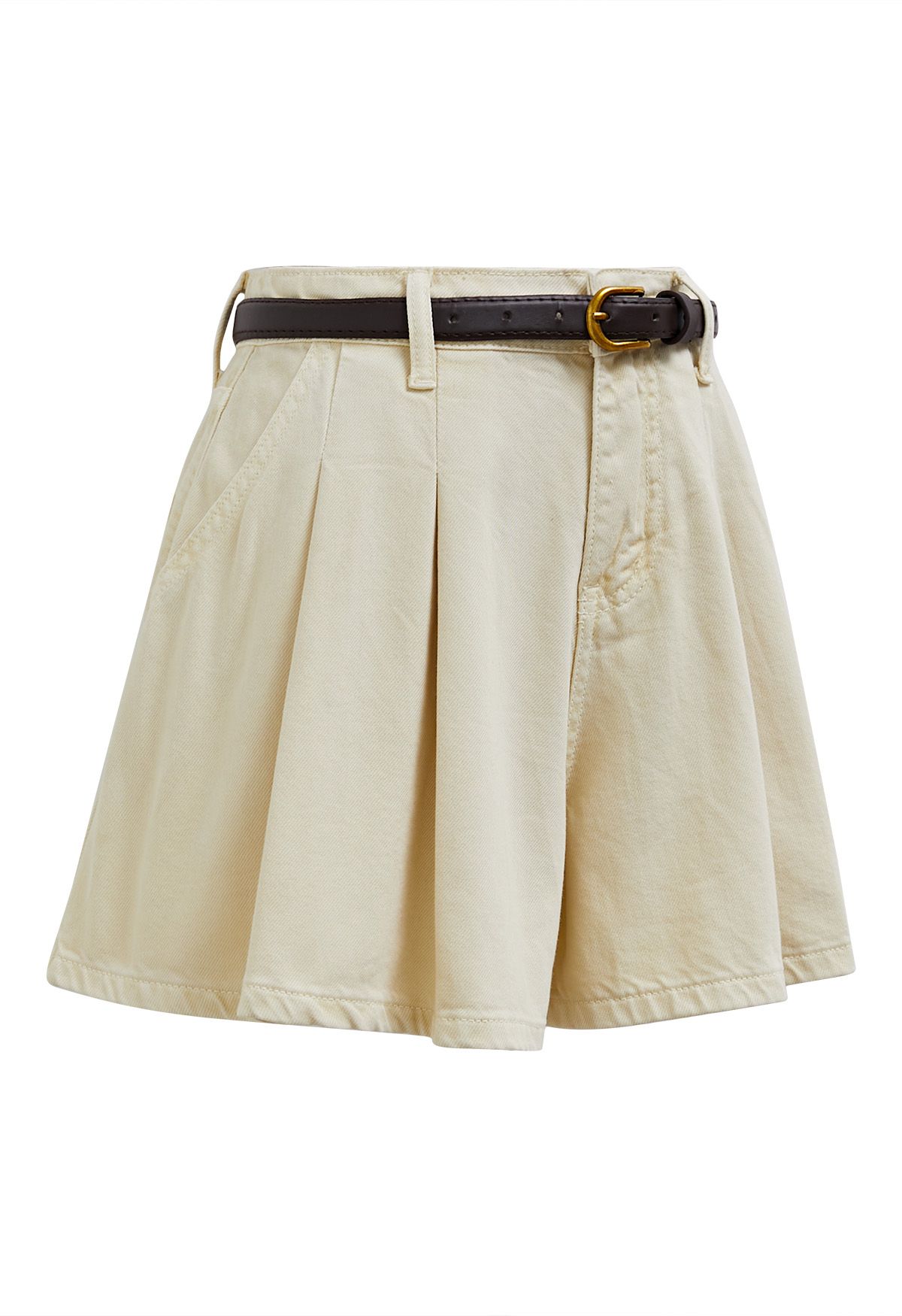 Summer Staple Pleated Belt Denim Shorts in Light Yellow