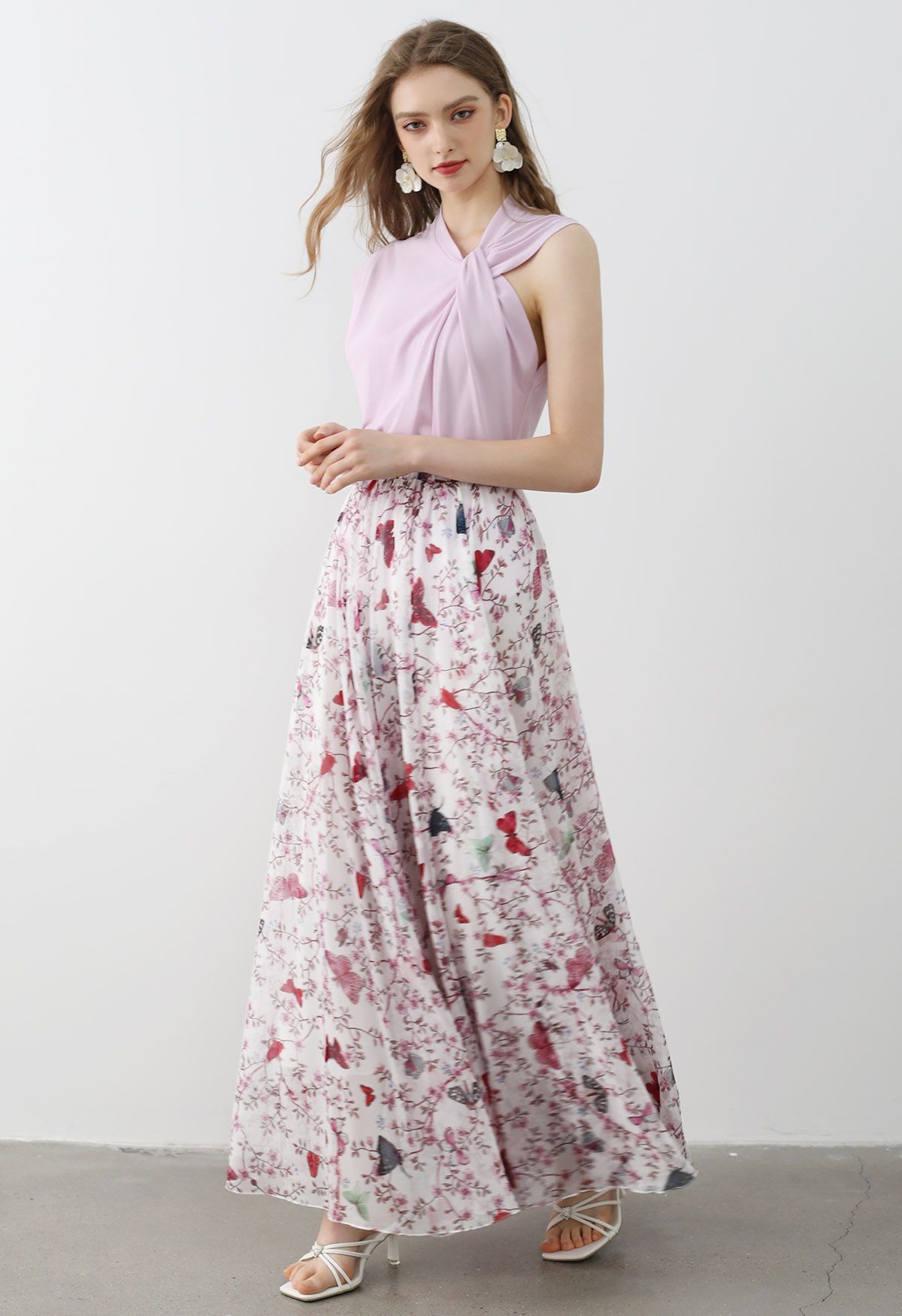 Butterfly Floral Chiffon Maxi Skirt