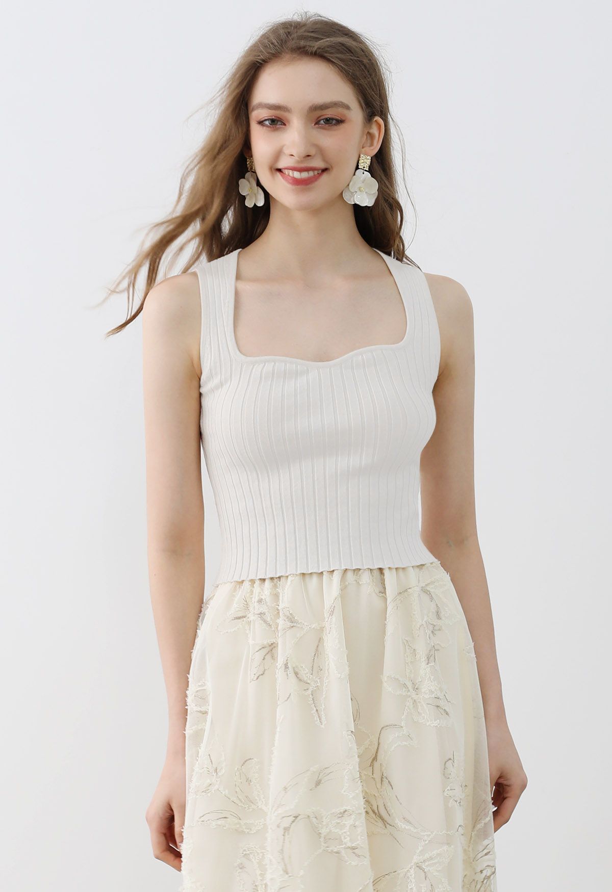 Flattering Fit Ribbed Tank Top in White