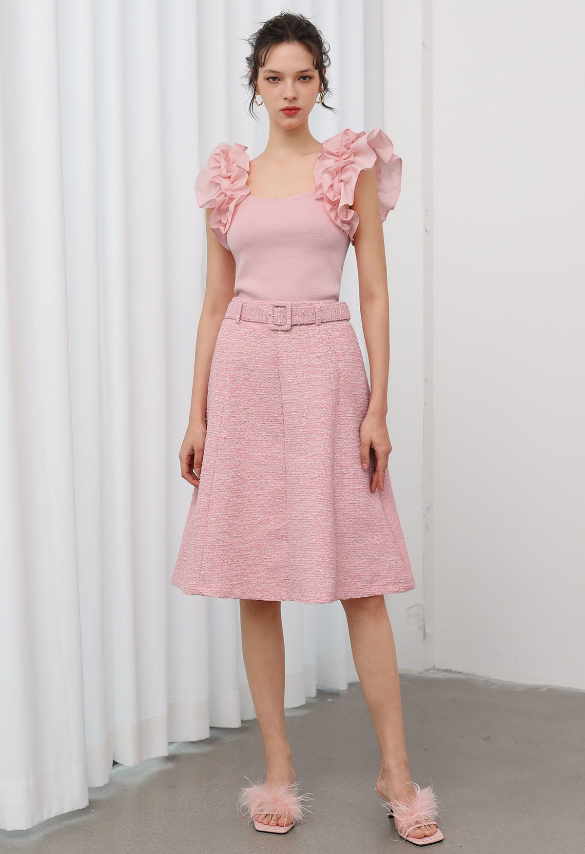 Shimmer Tweed Belted A-Line Midi Skirt in Pink