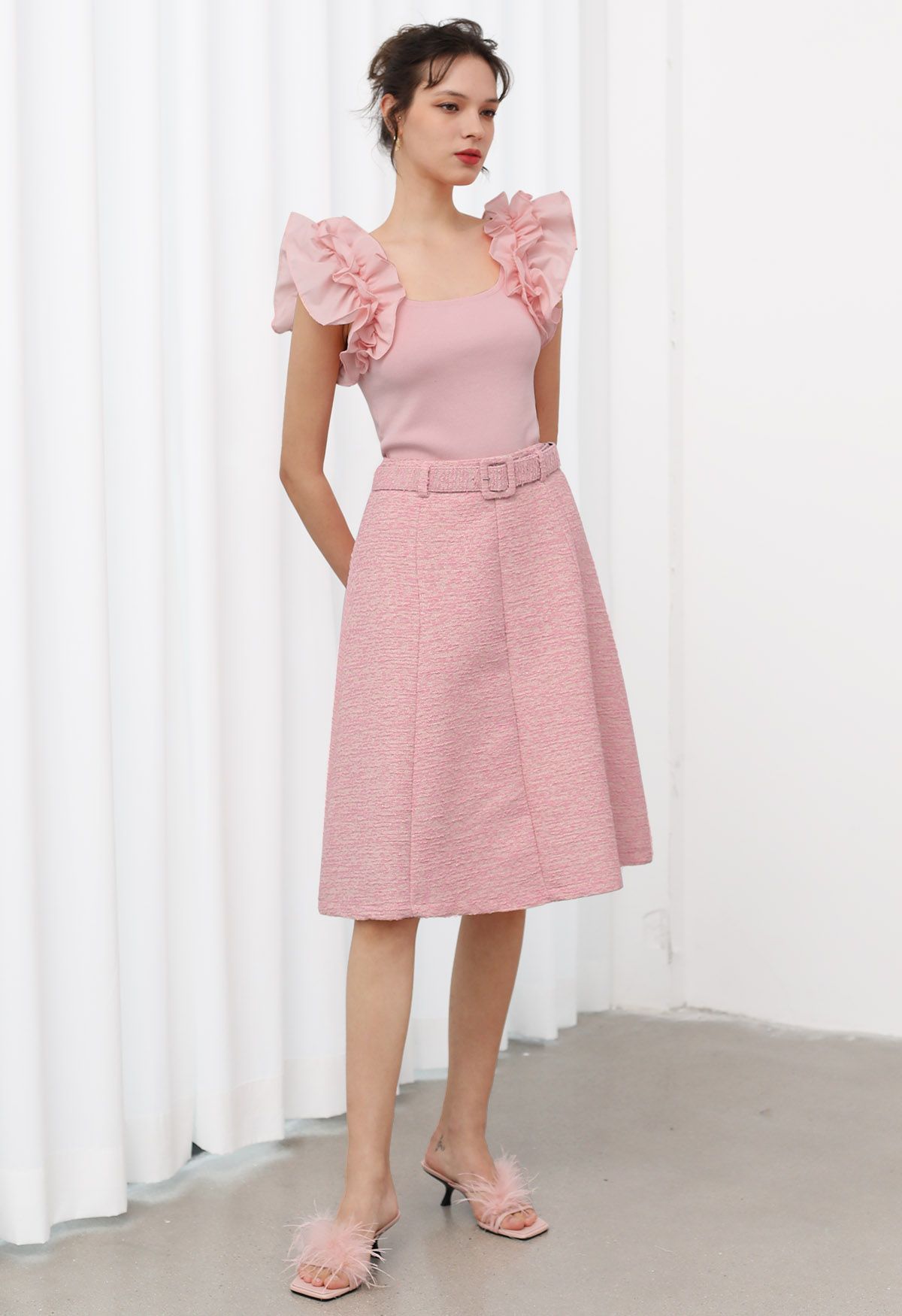 Shimmer Tweed Belted A-Line Midi Skirt in Pink