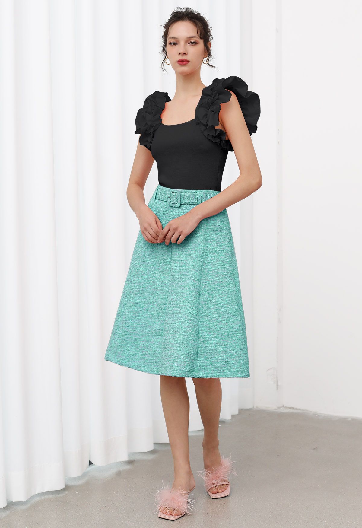 Shimmer Tweed Belted A-Line Midi Skirt in Turquoise