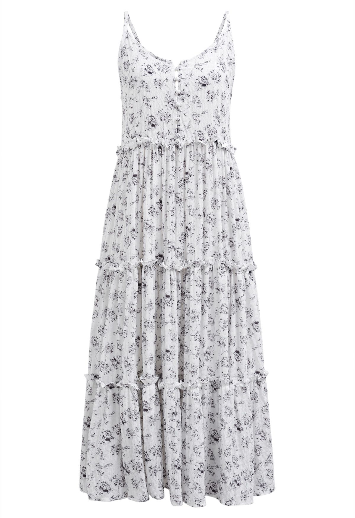 Floral Front Buttoned Ruffled Trim Cami Midi Dress in White