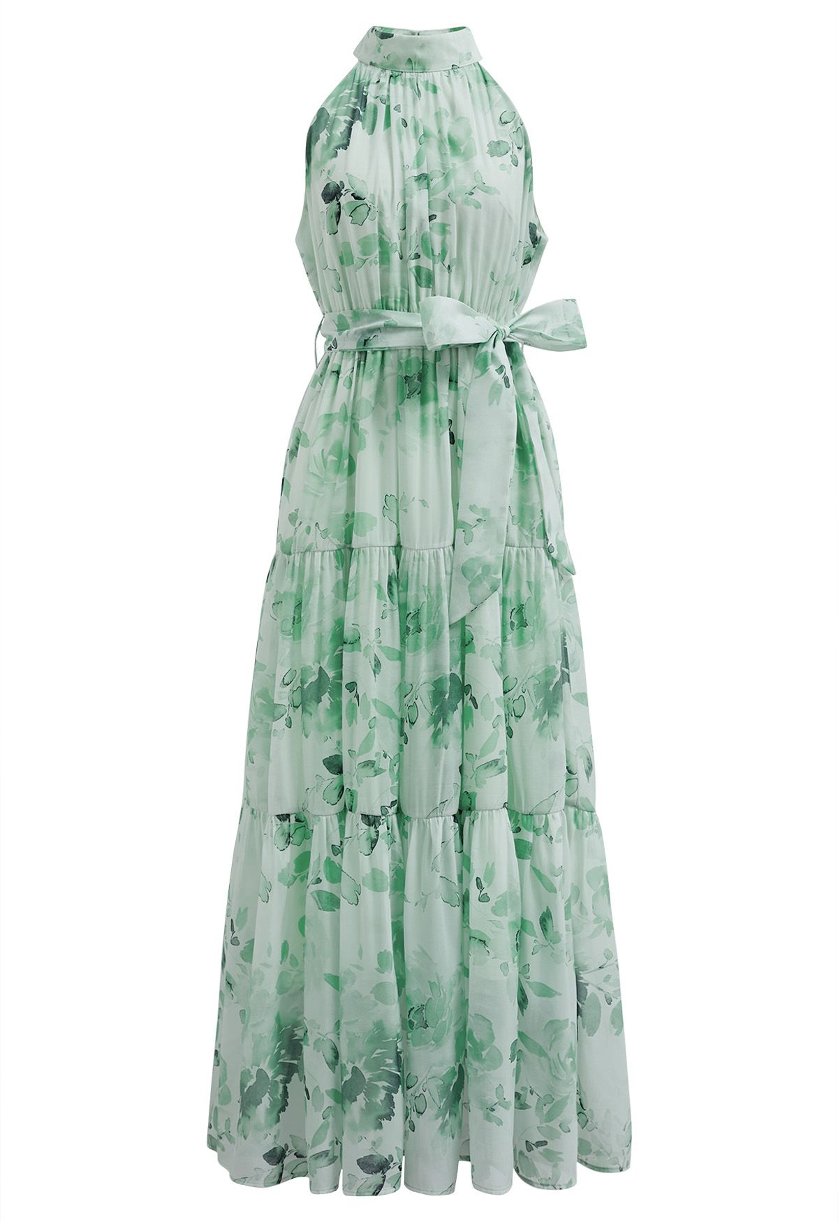 Floral Halter Neck Tie Waist Maxi Dress in Mint