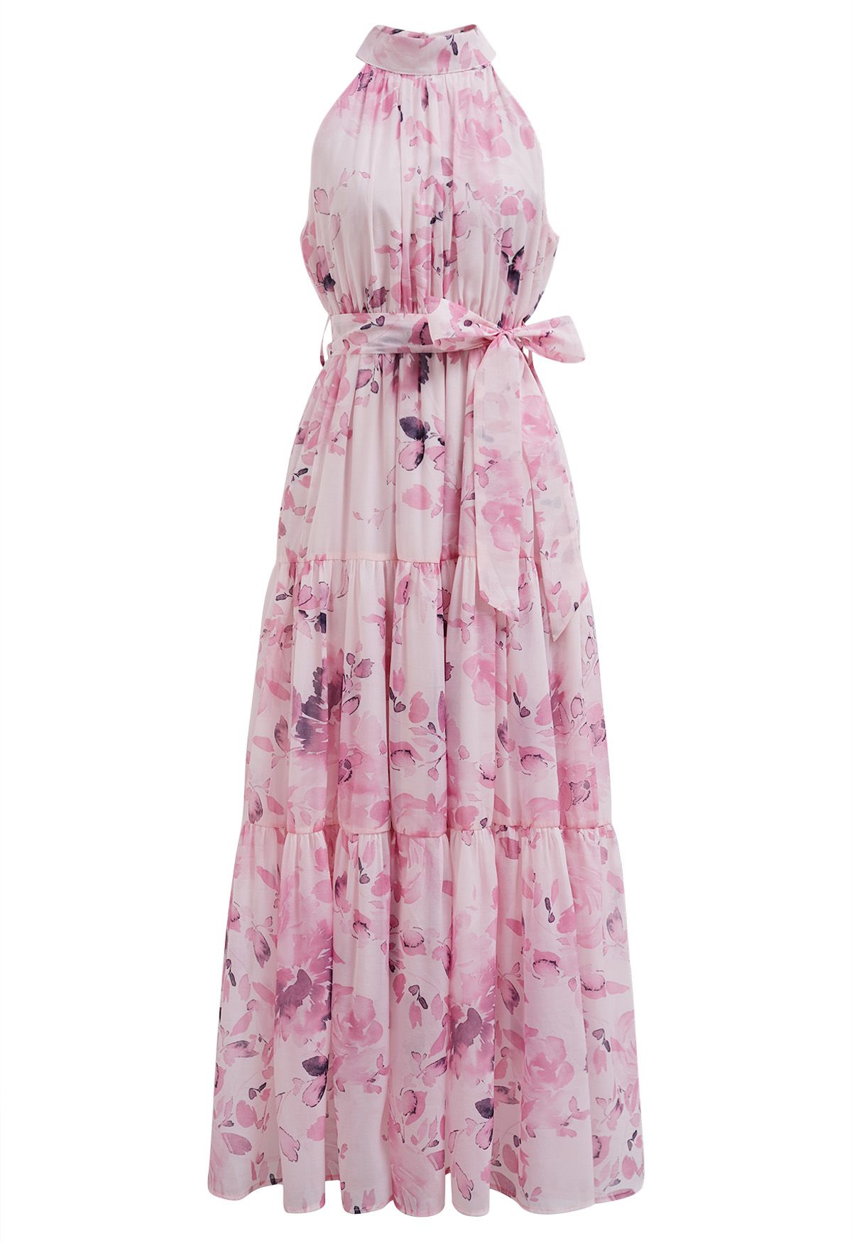 Floral Halter Neck Tie Waist Maxi Dress in Pink