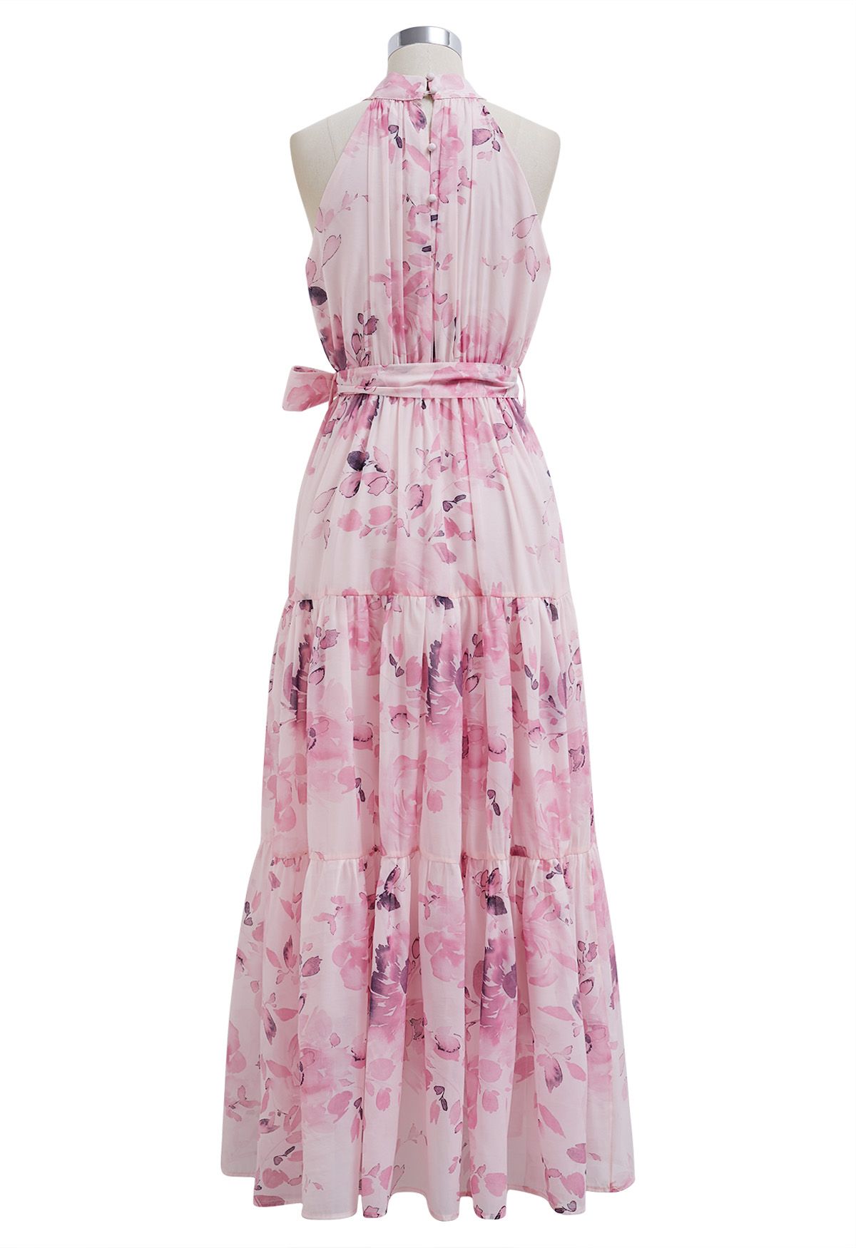 Floral Halter Neck Tie Waist Maxi Dress in Pink