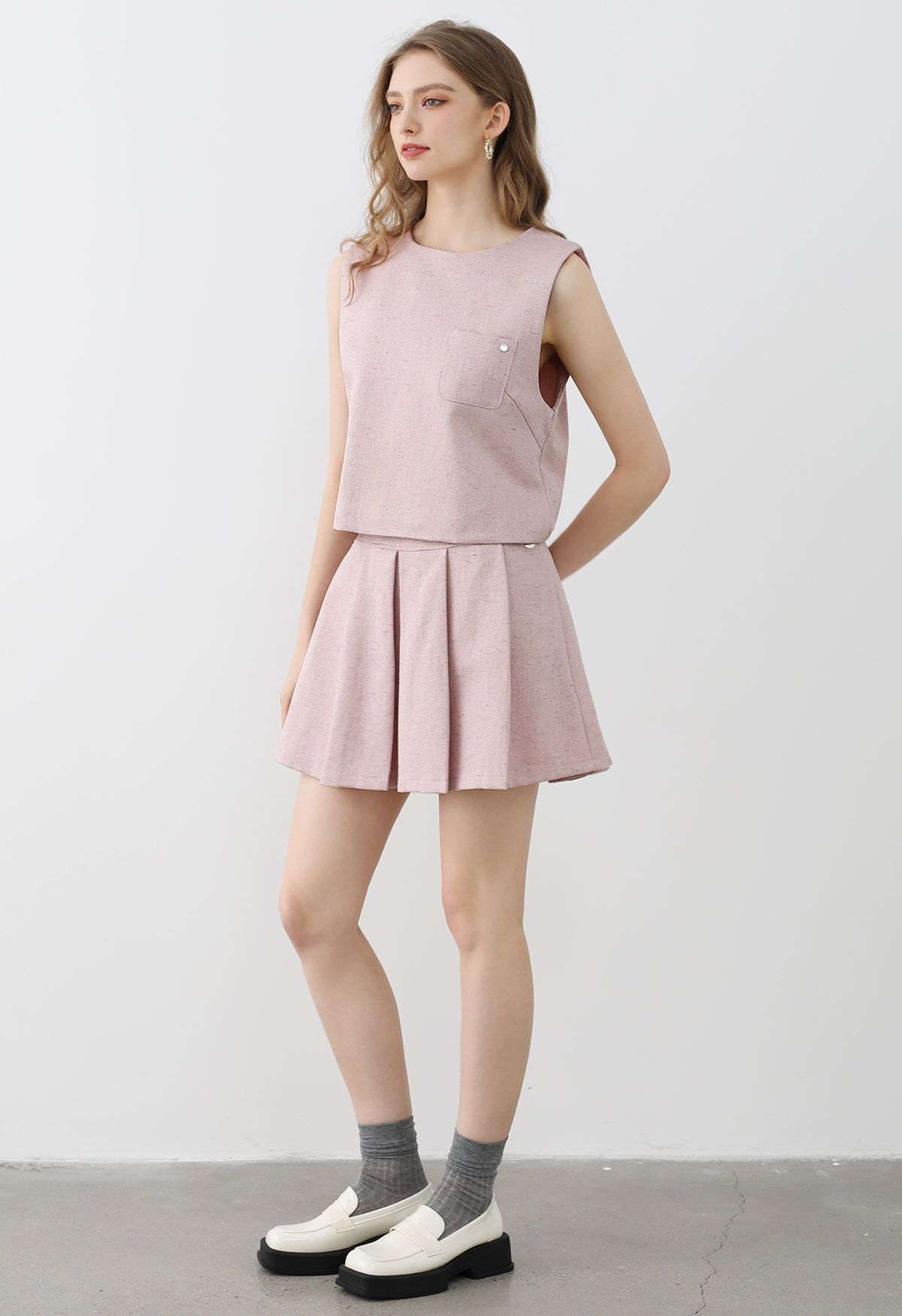 Chic Tweed Sleeveless Top and Pleated Mini Skirt Set in Pink