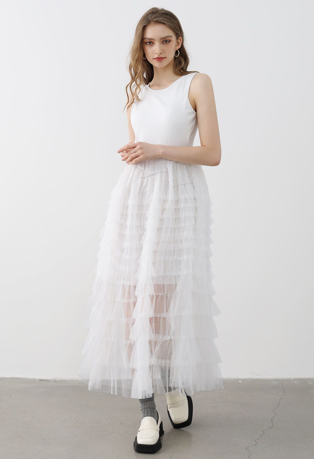 Tiered Mesh Spliced Sleeveless Maxi Dress in White