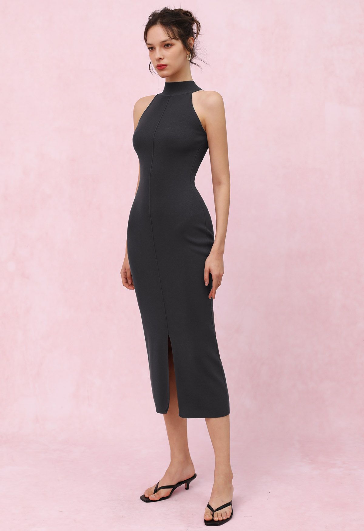 Seam Detailing Halter Bodycon Knit Dress in Smoke