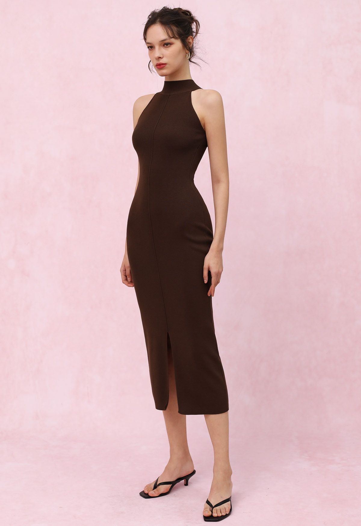 Seam Detailing Halter Bodycon Knit Dress in Brown