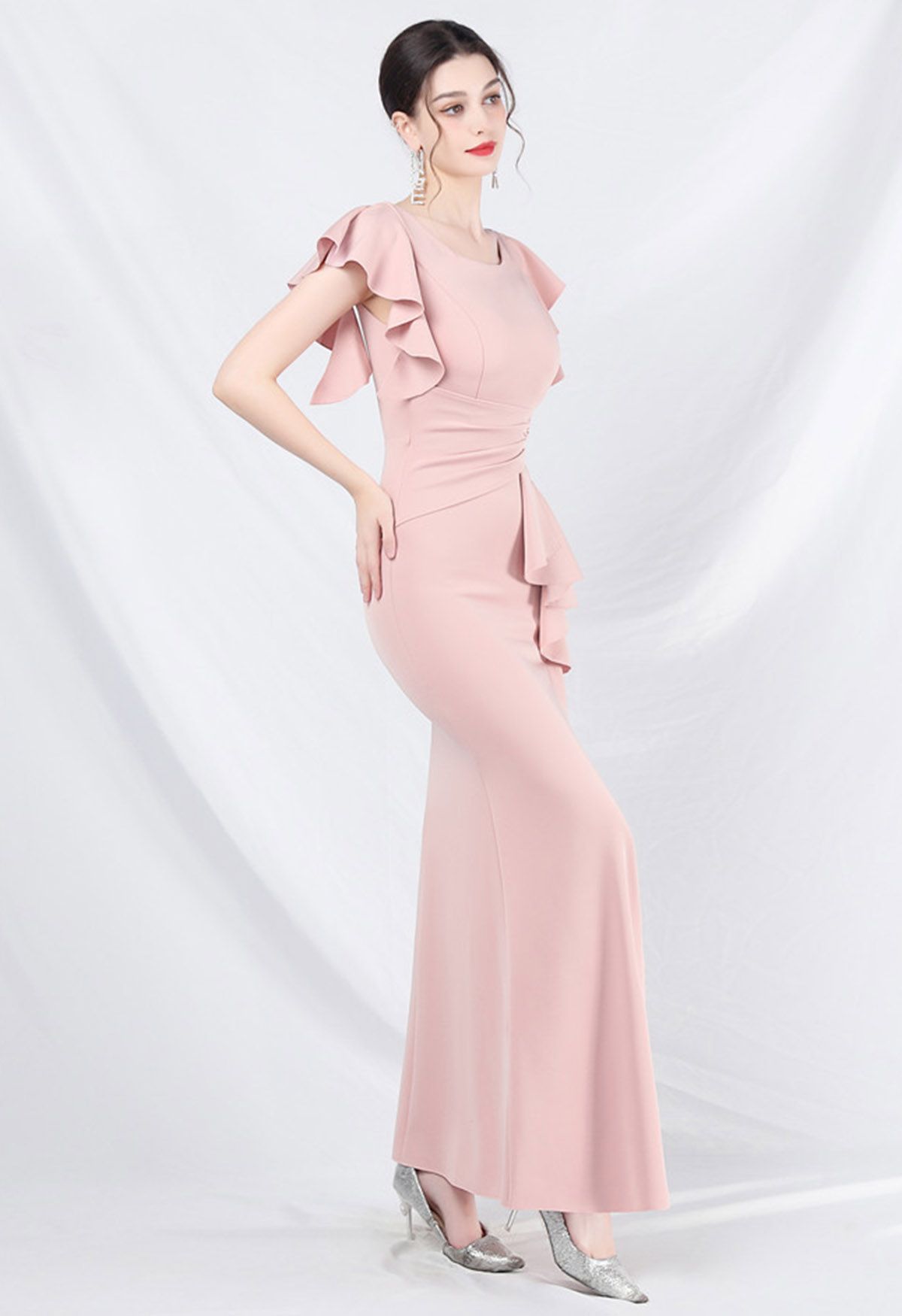 Glamorous Ruffle Trim Slit Mermaid Gown in Pink