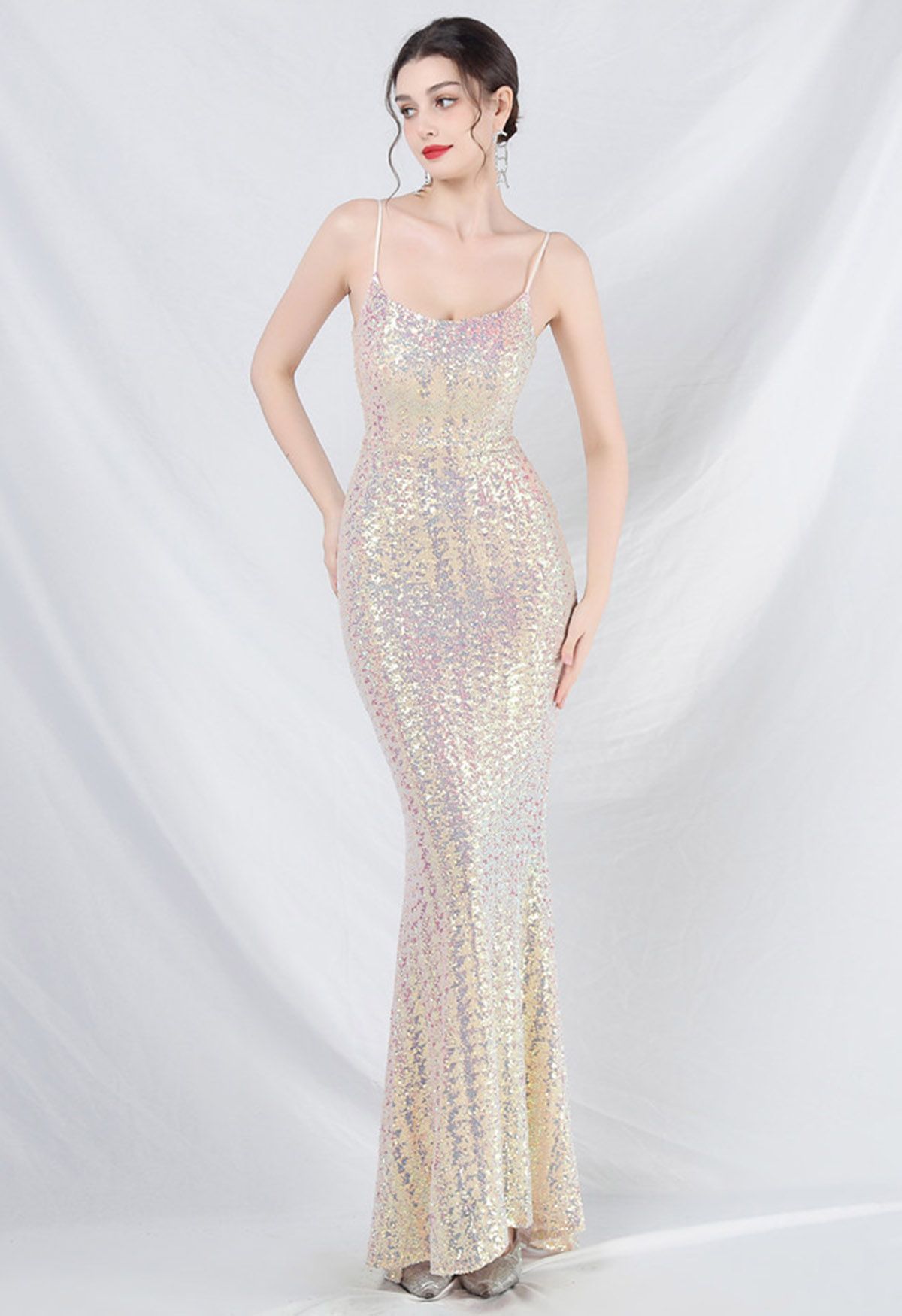 Fairytale Sequin Mermaid Cami Gown in Apricot